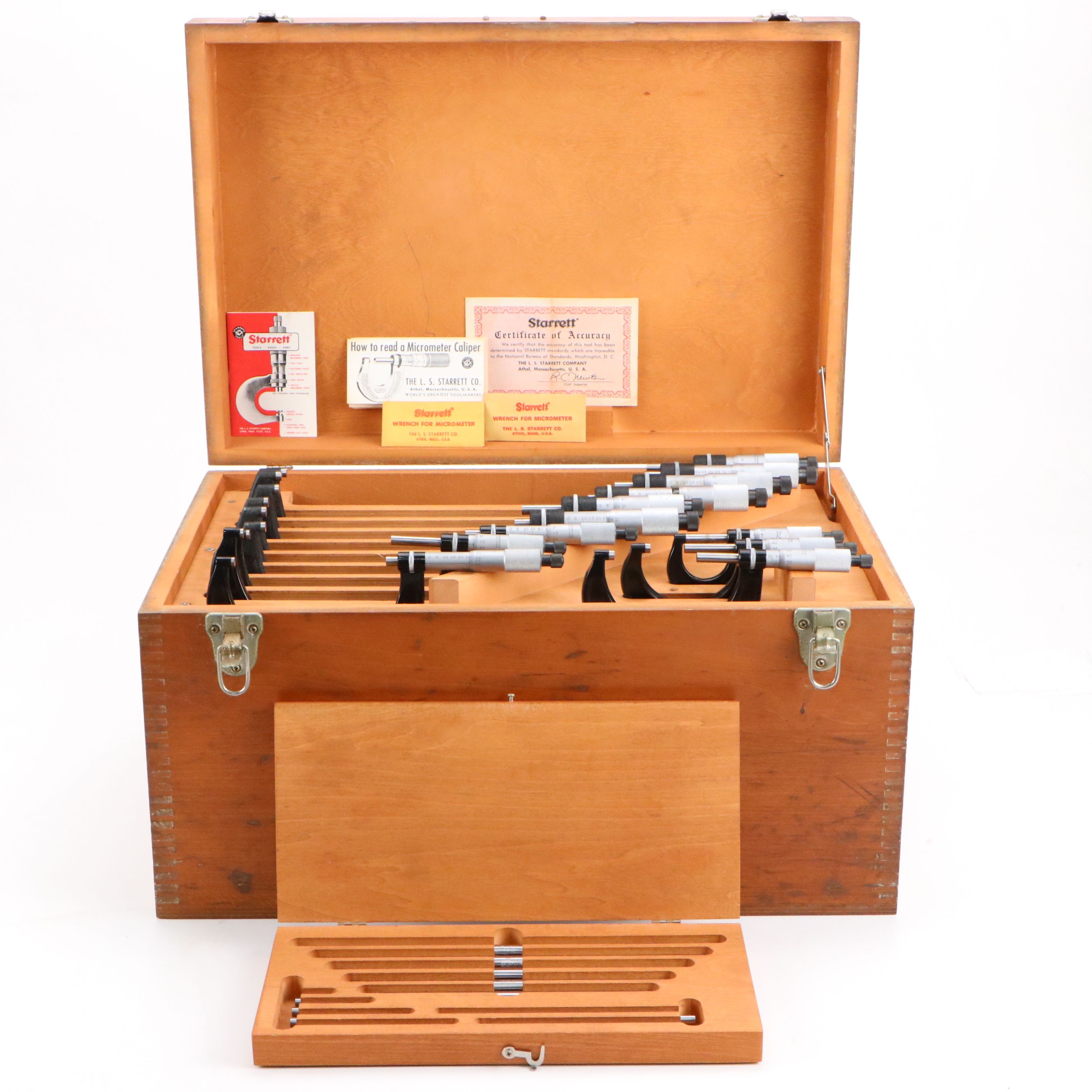 Starrett Outside Micrometers, Wrenches, End Measuring Rods, Storage Cases