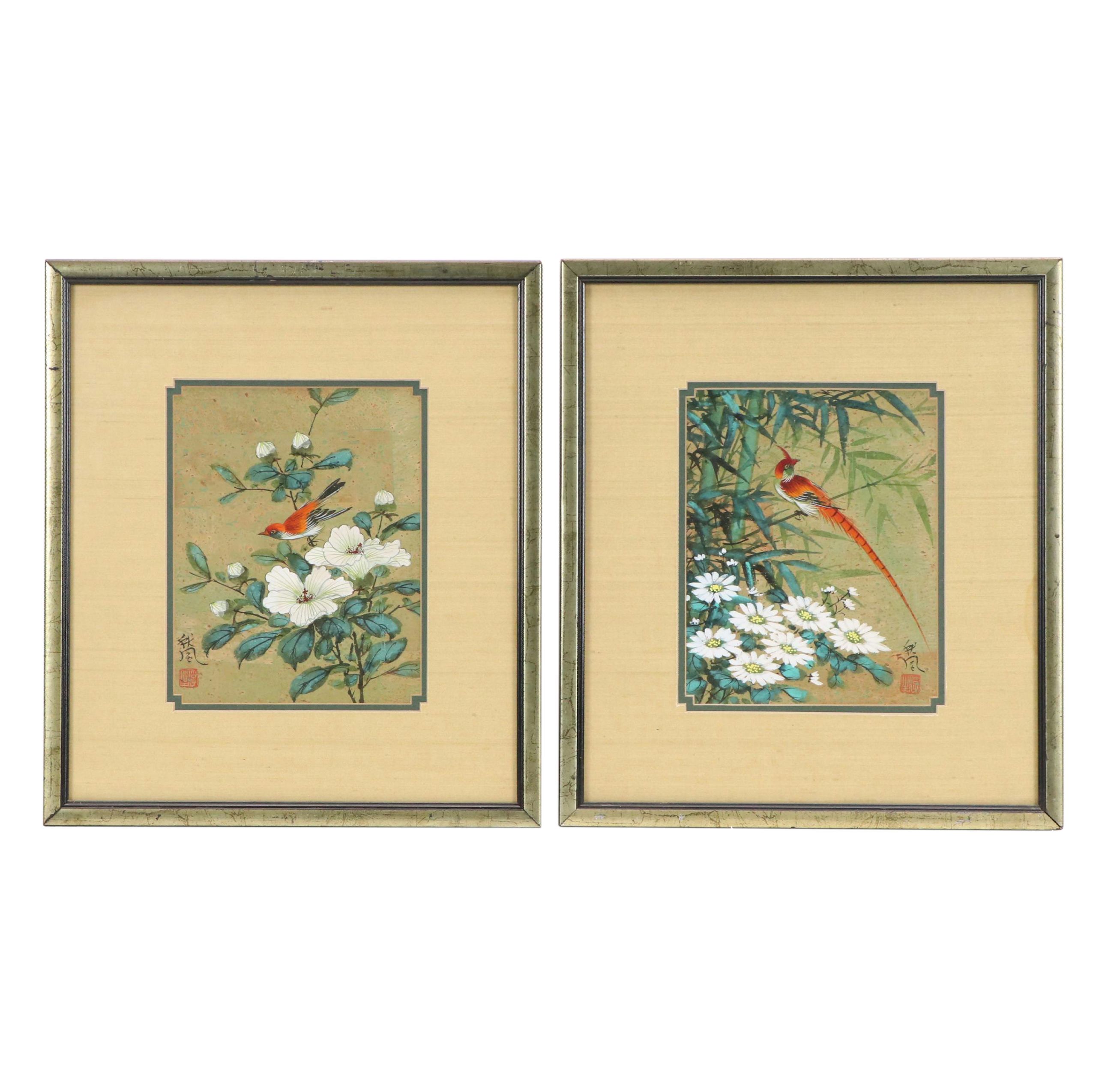Set of Two Huaniaohua (Bird and Flower) Watercolor Paintings, 20th Century