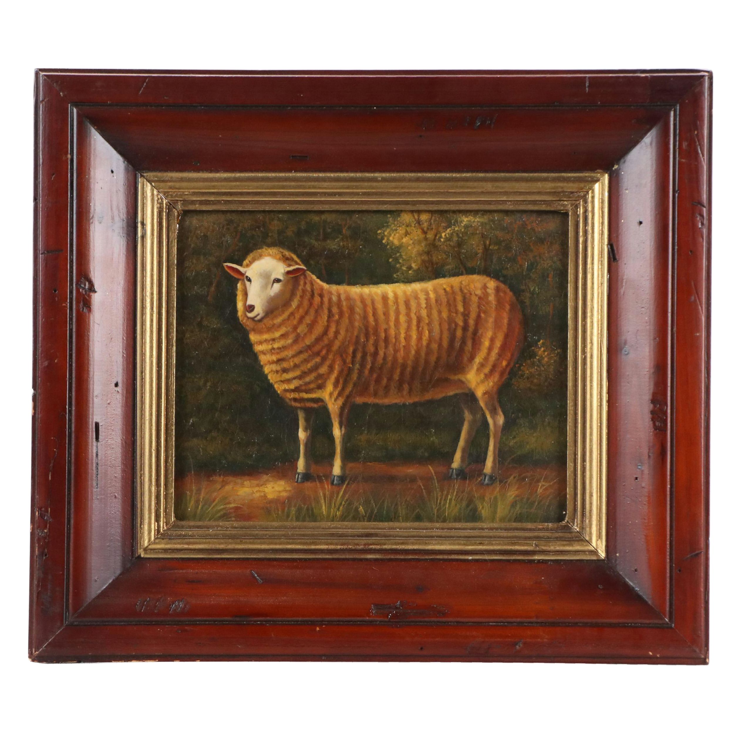 Folk Art Oil Painting of Standing Sheep, 20th Century