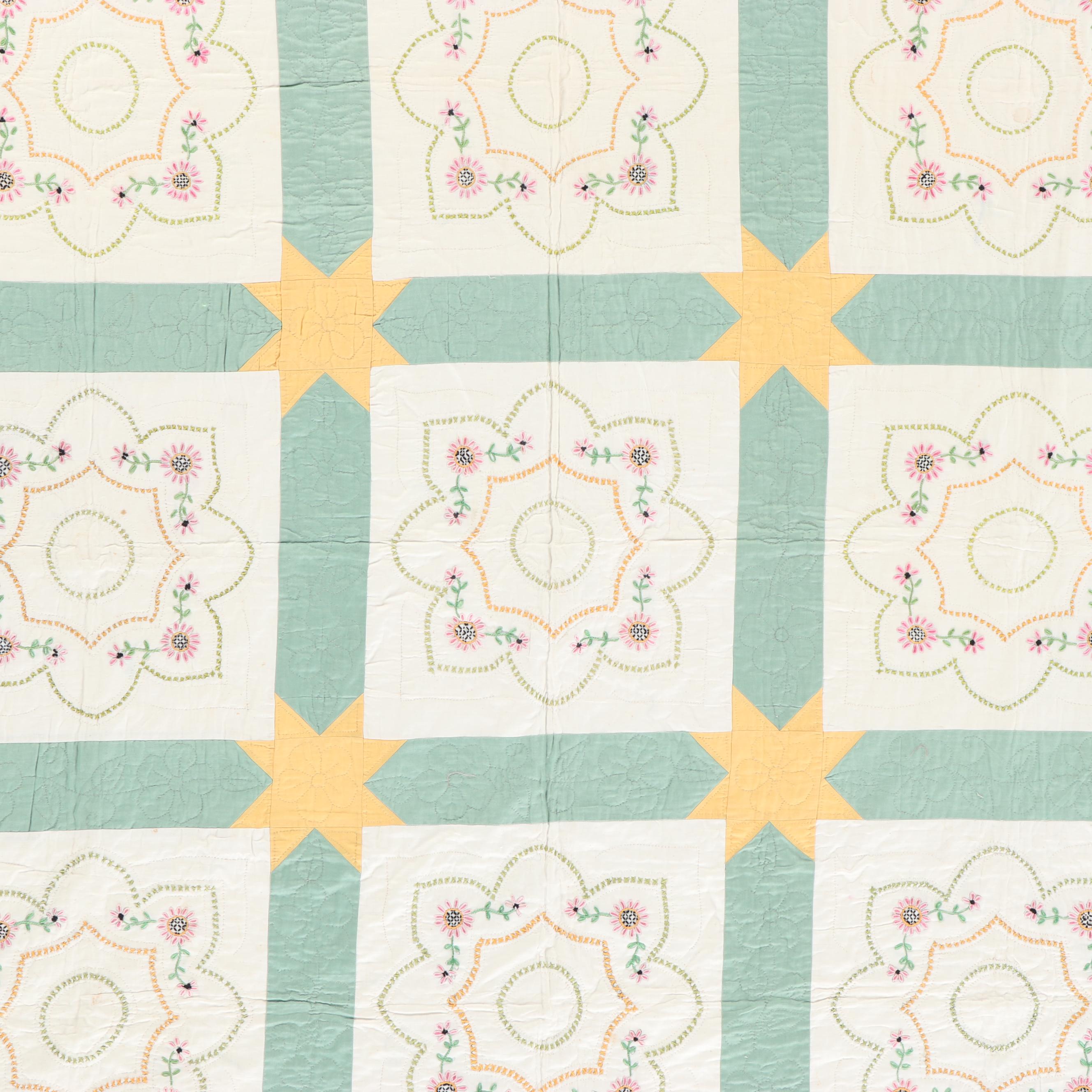 Handmade Pieced Square Quilt with Cross-Stitch Floral Medallions