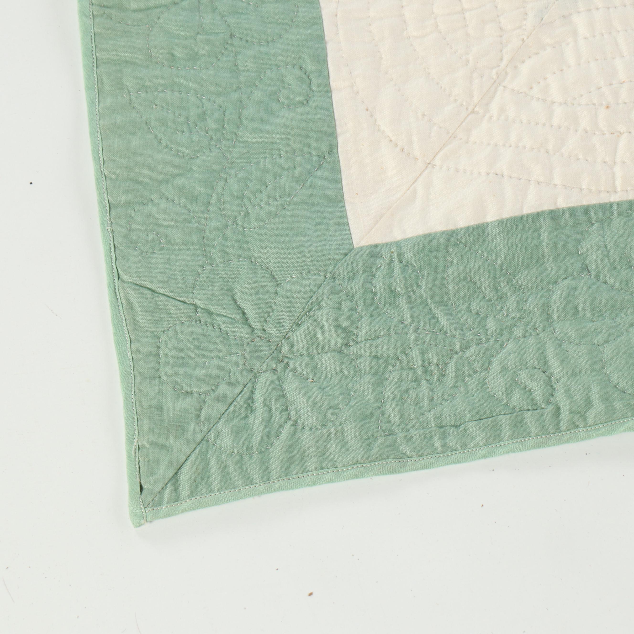 Handmade Pieced Square Quilt with Cross-Stitch Floral Medallions