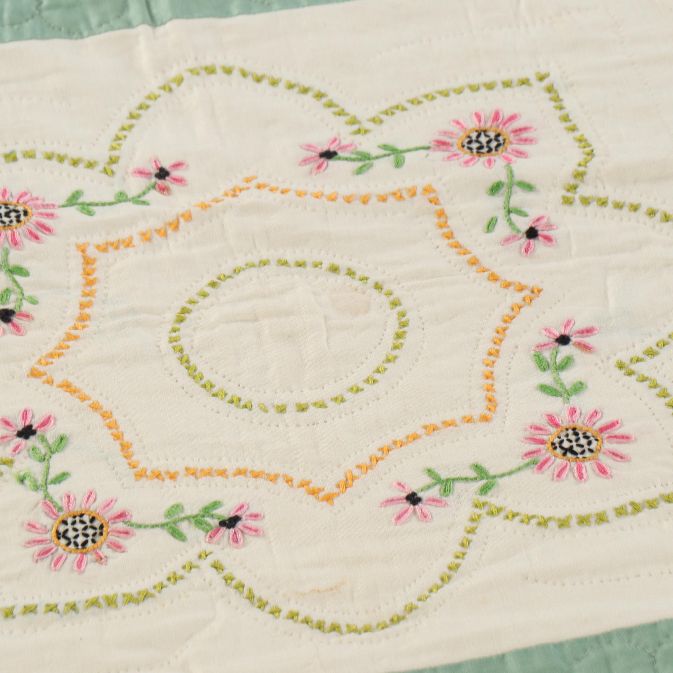 Handmade Pieced Square Quilt with Cross-Stitch Floral Medallions