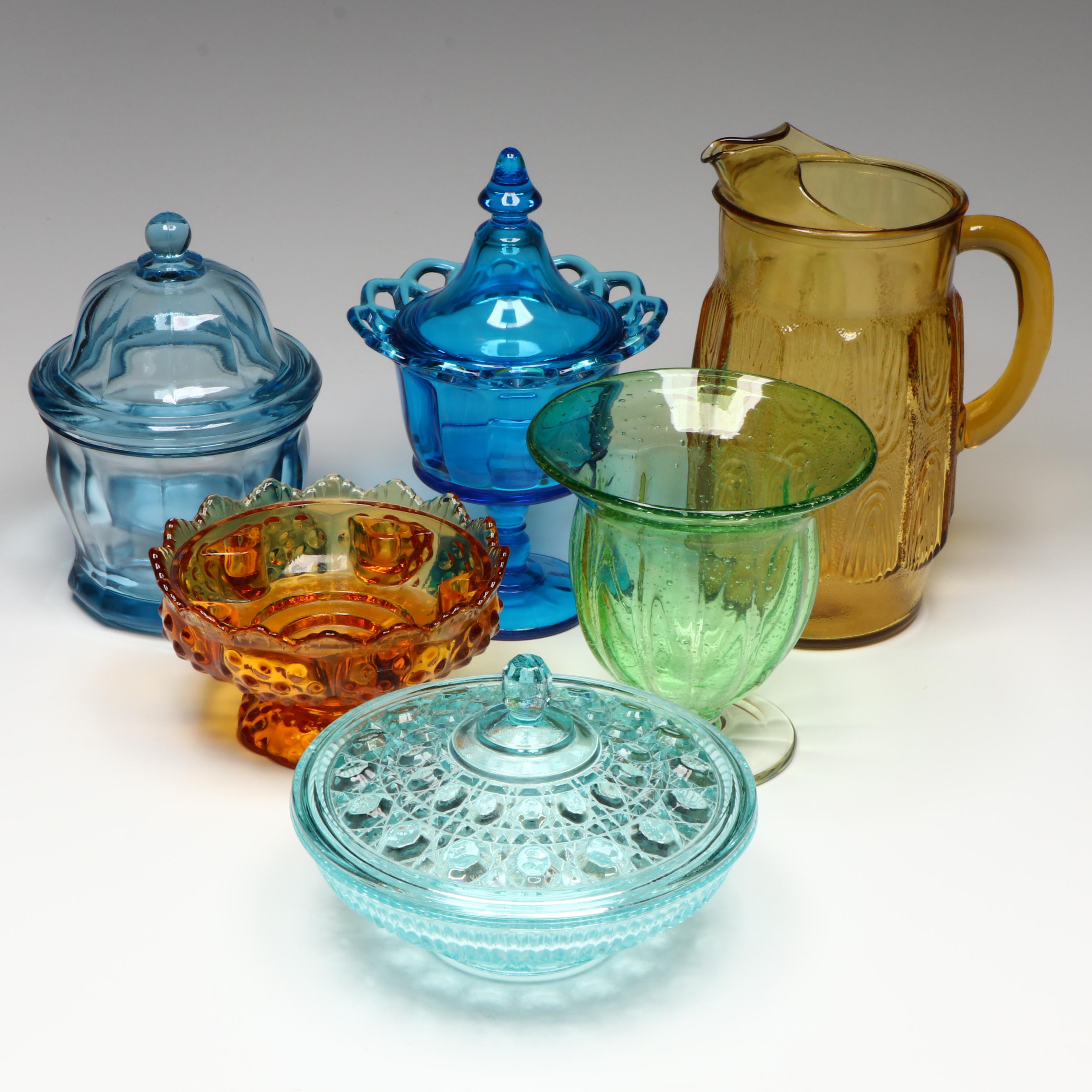 Fenton "Amber Hobnail" Candle Holder with MCM Pitcher and More Colored Glass