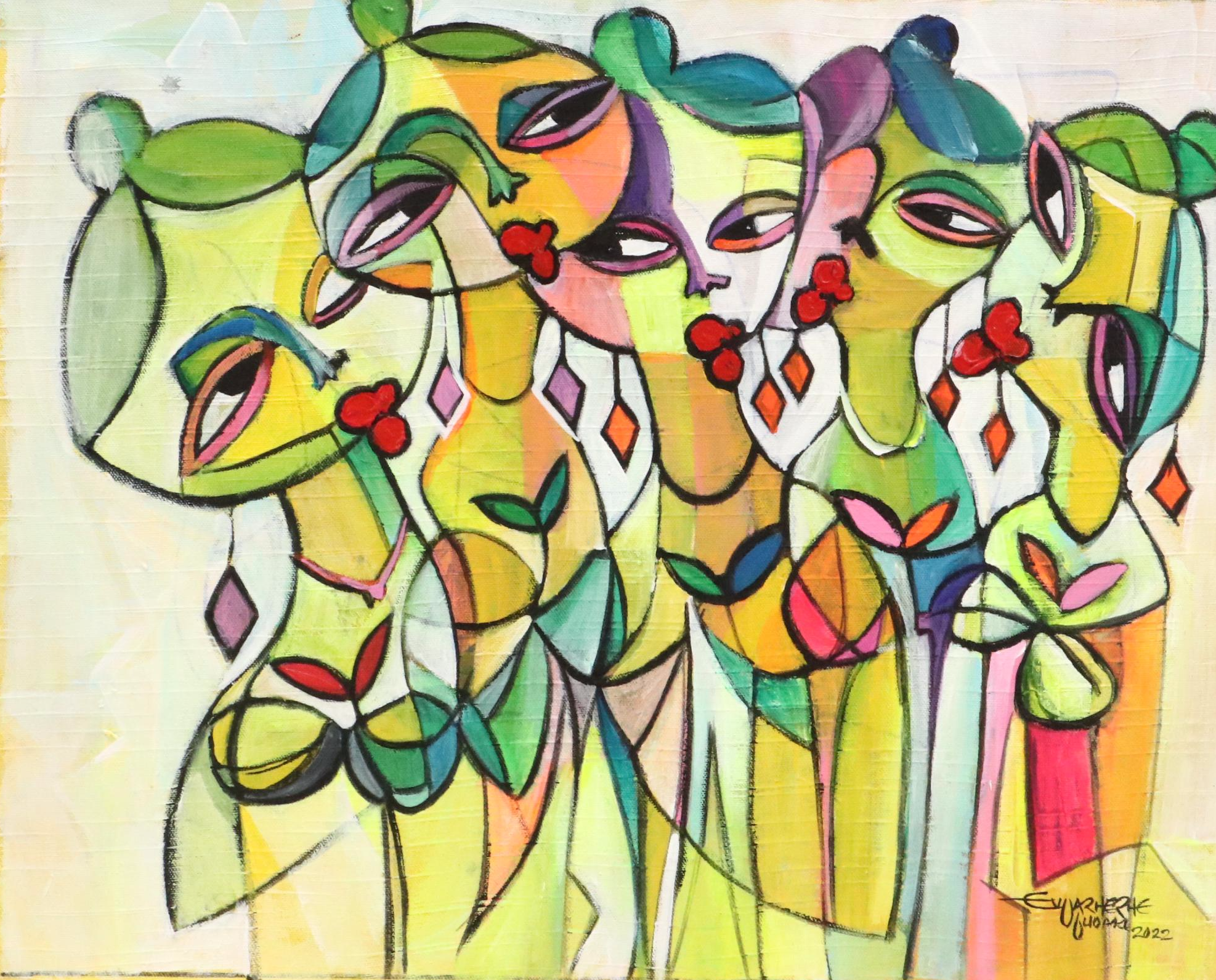 Evuarherhe Ufuoma Stylized Acrylic Painting "Large Family," 2022