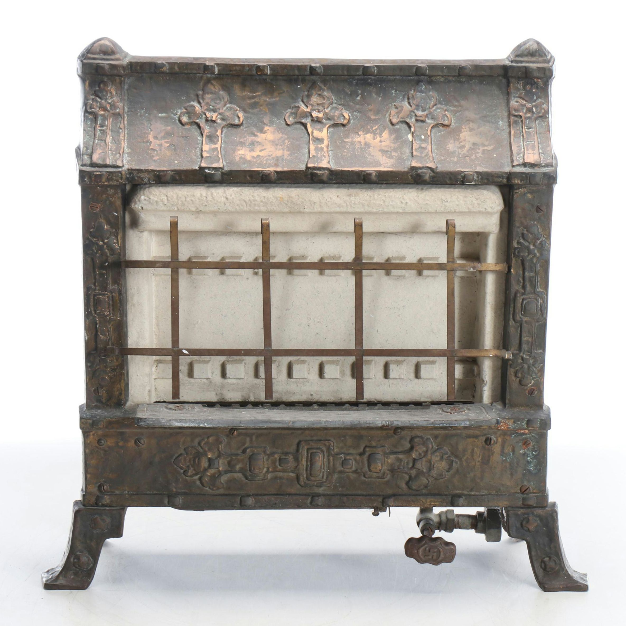 Victorian Copper Clad Cast Iron & Ceramic Gas Heater, Antique