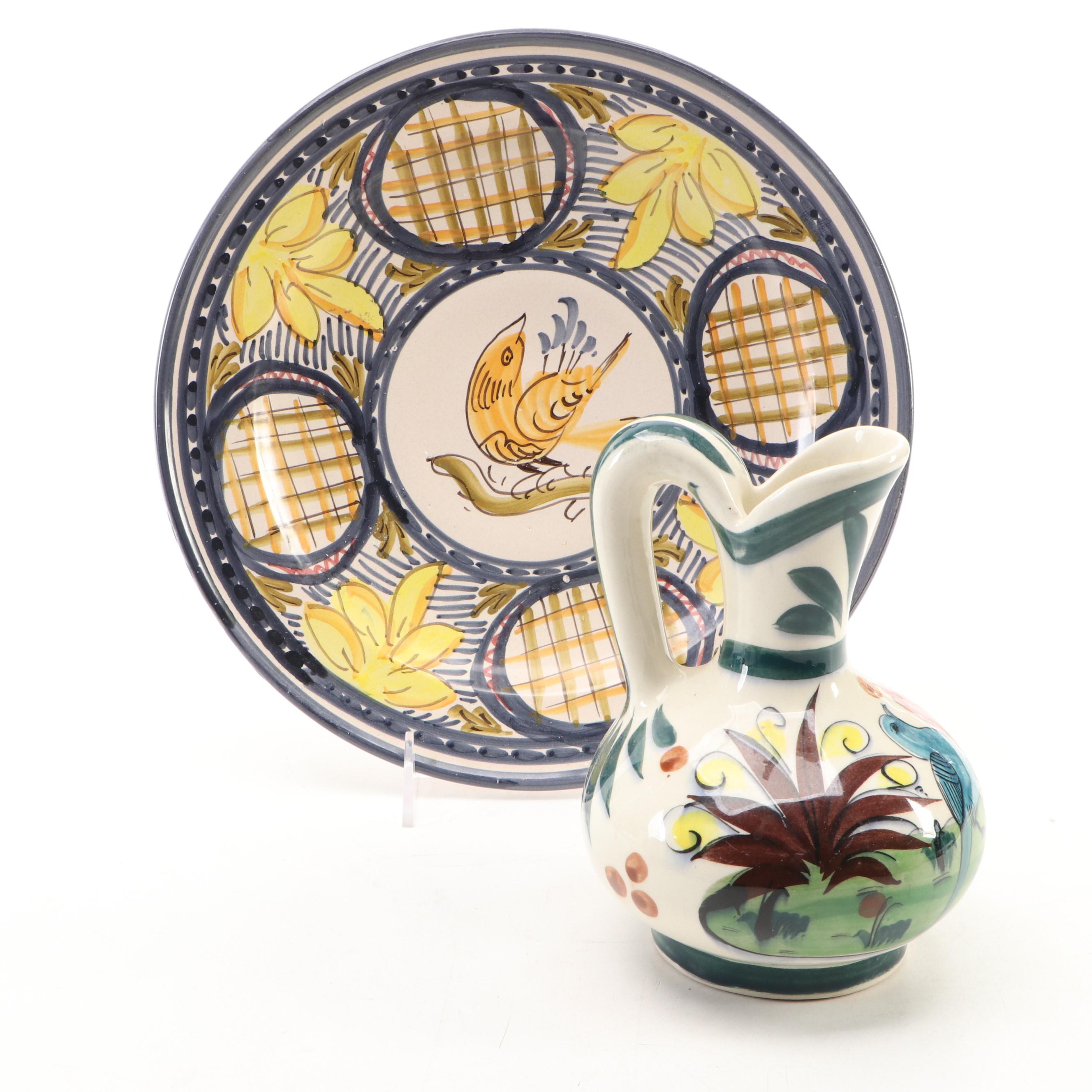European Majolica Charger with Mexican Art Pottery Pitcher