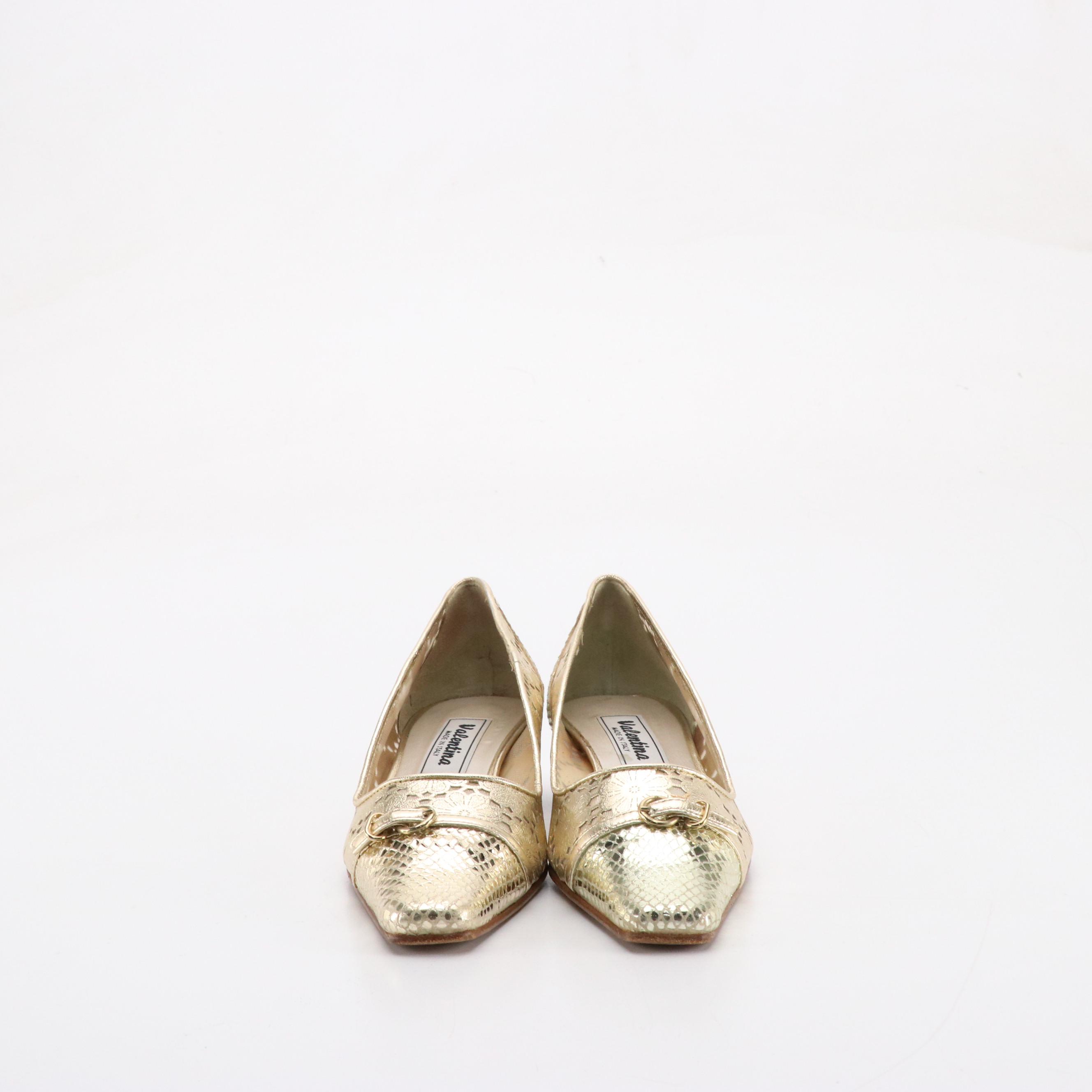 Valentina Block Heel Pumps in Laser Cut Metallic Leather