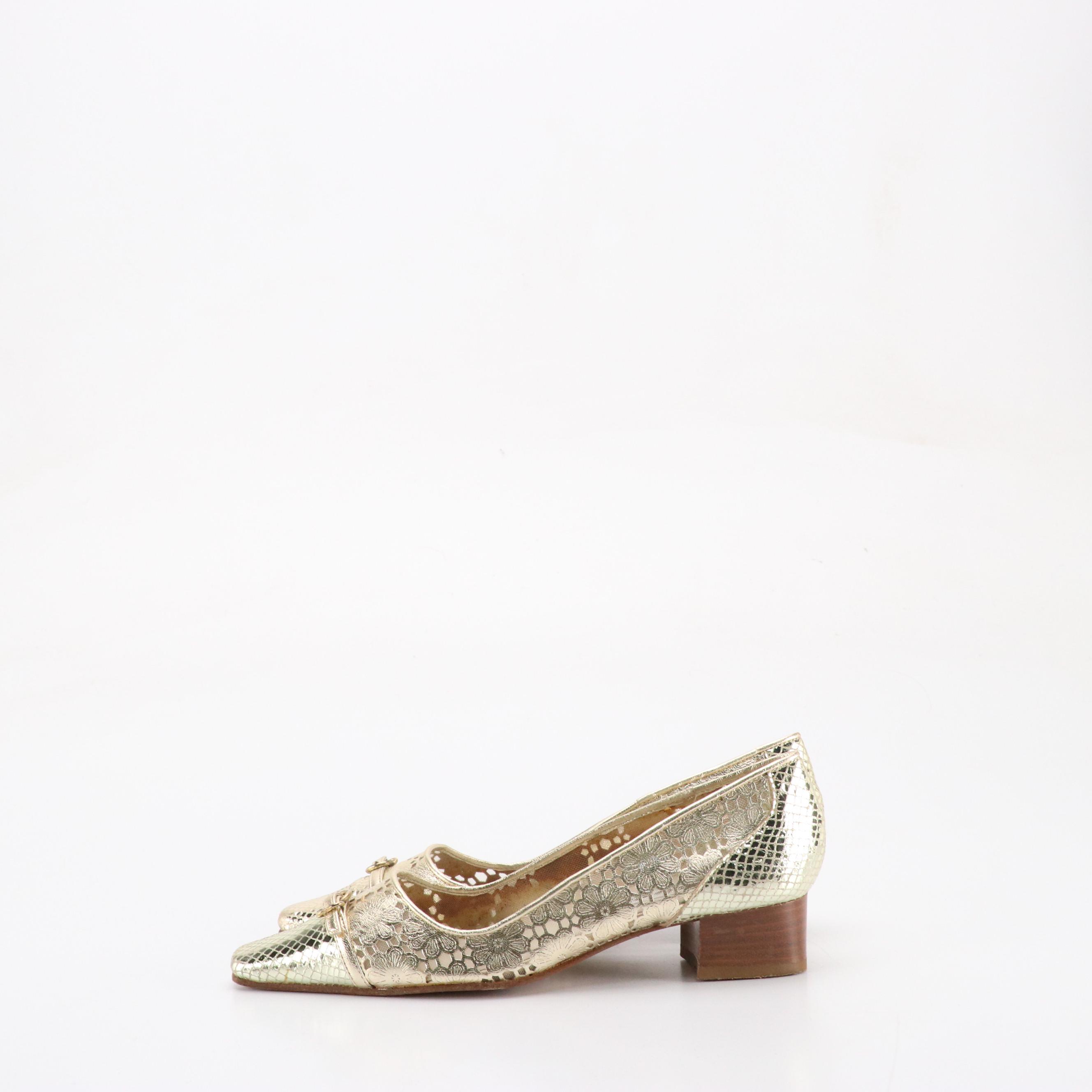 Valentina Block Heel Pumps in Laser Cut Metallic Leather
