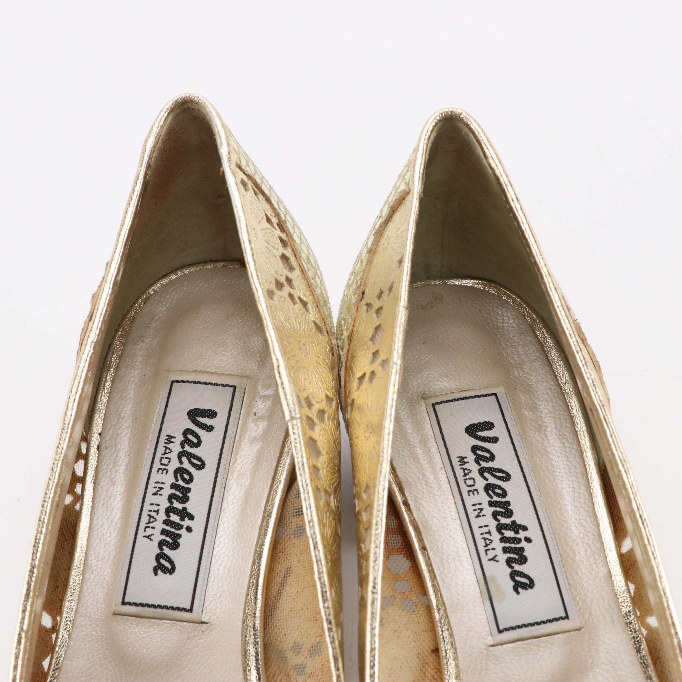 Valentina Block Heel Pumps in Laser Cut Metallic Leather