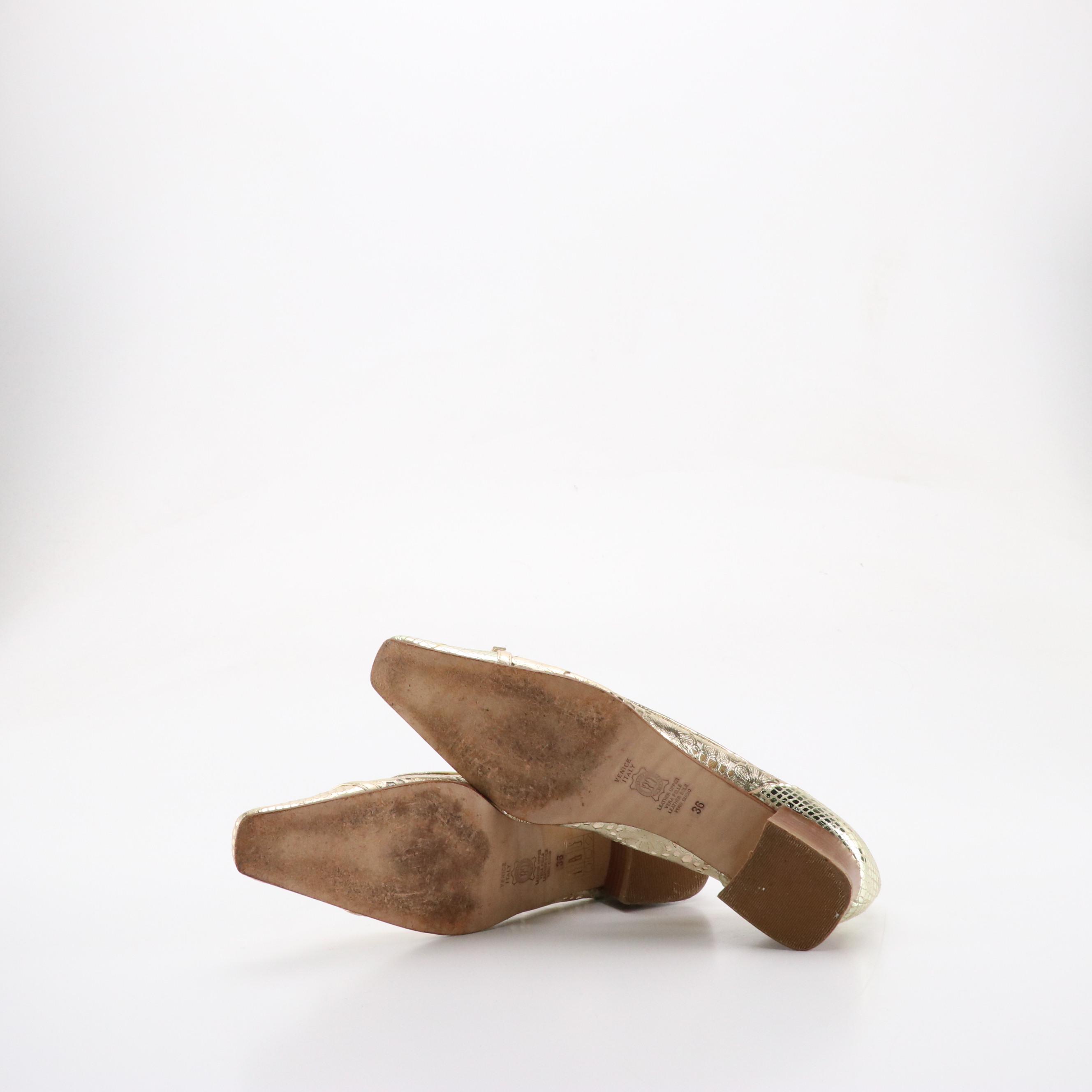 Valentina Block Heel Pumps in Laser Cut Metallic Leather