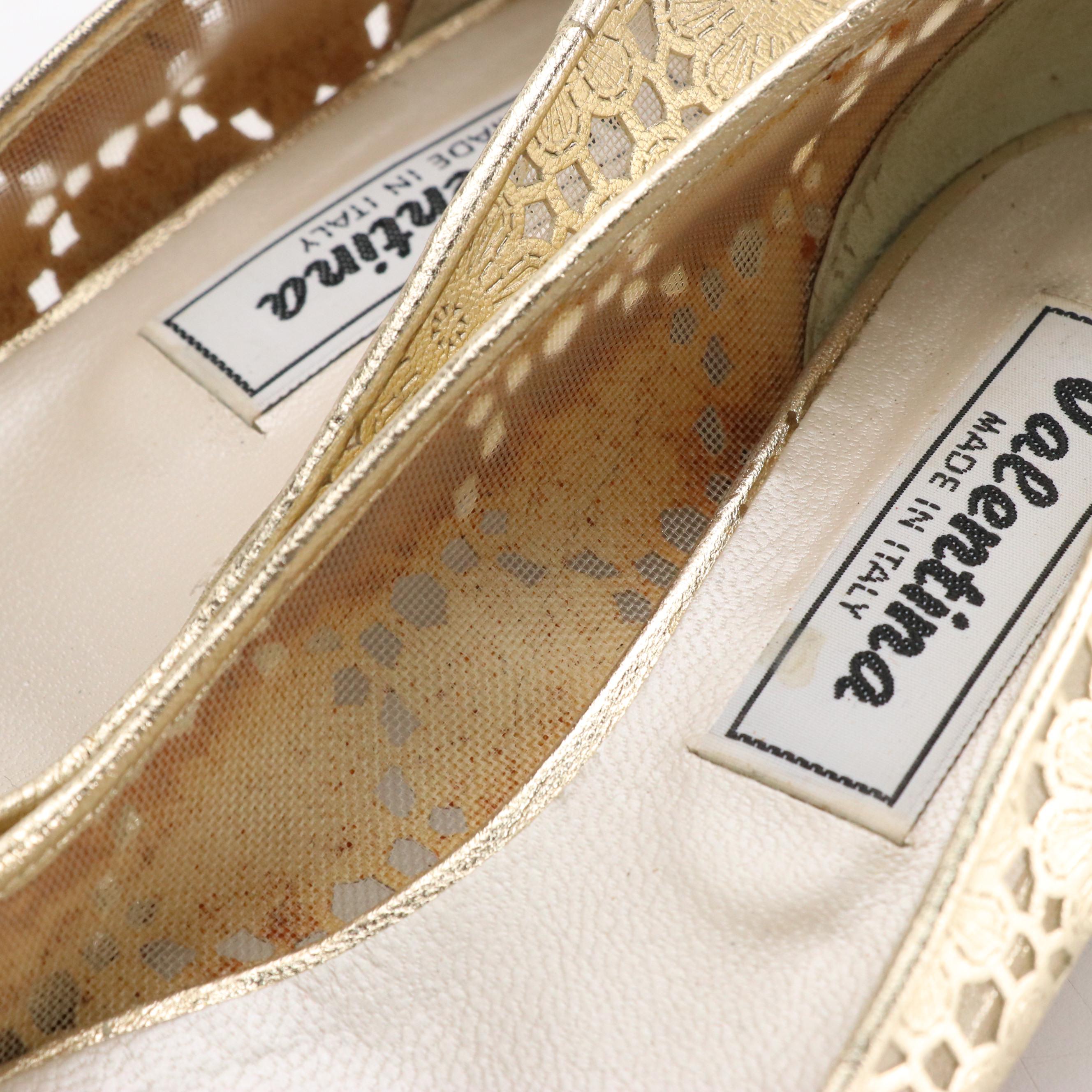 Valentina Block Heel Pumps in Laser Cut Metallic Leather