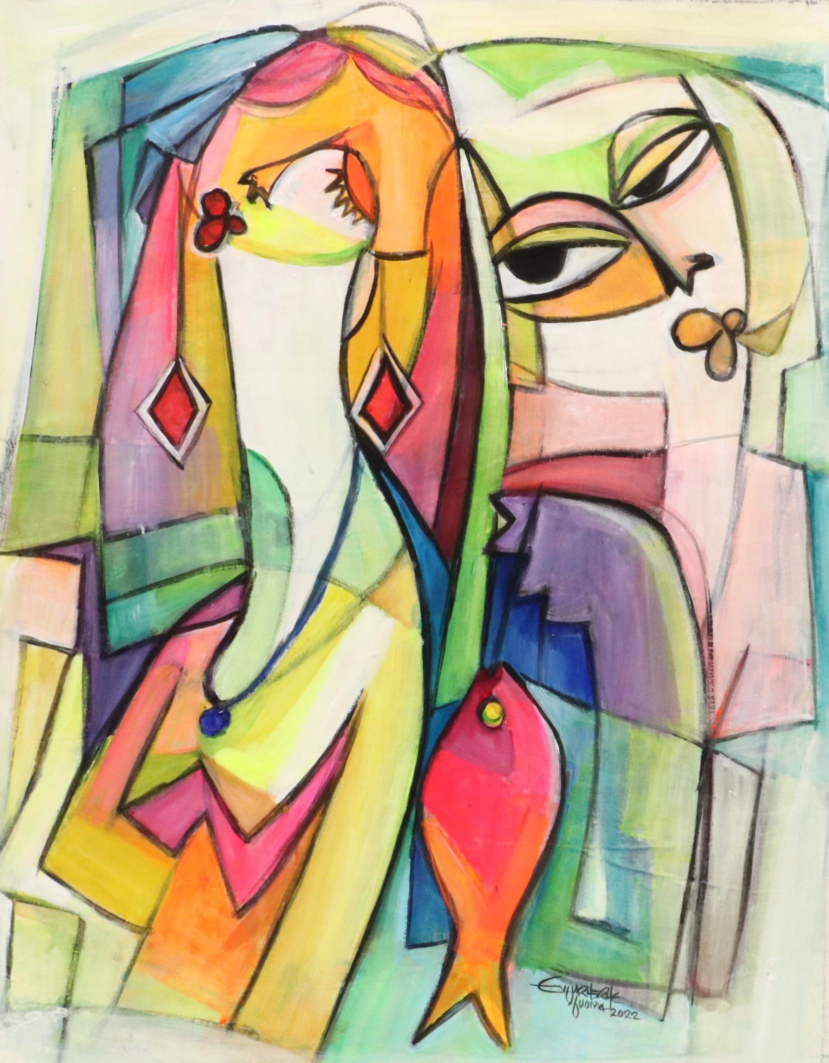 Evuarherhe Ufuoma Cubistic Acrylic Painting "Family," 2022