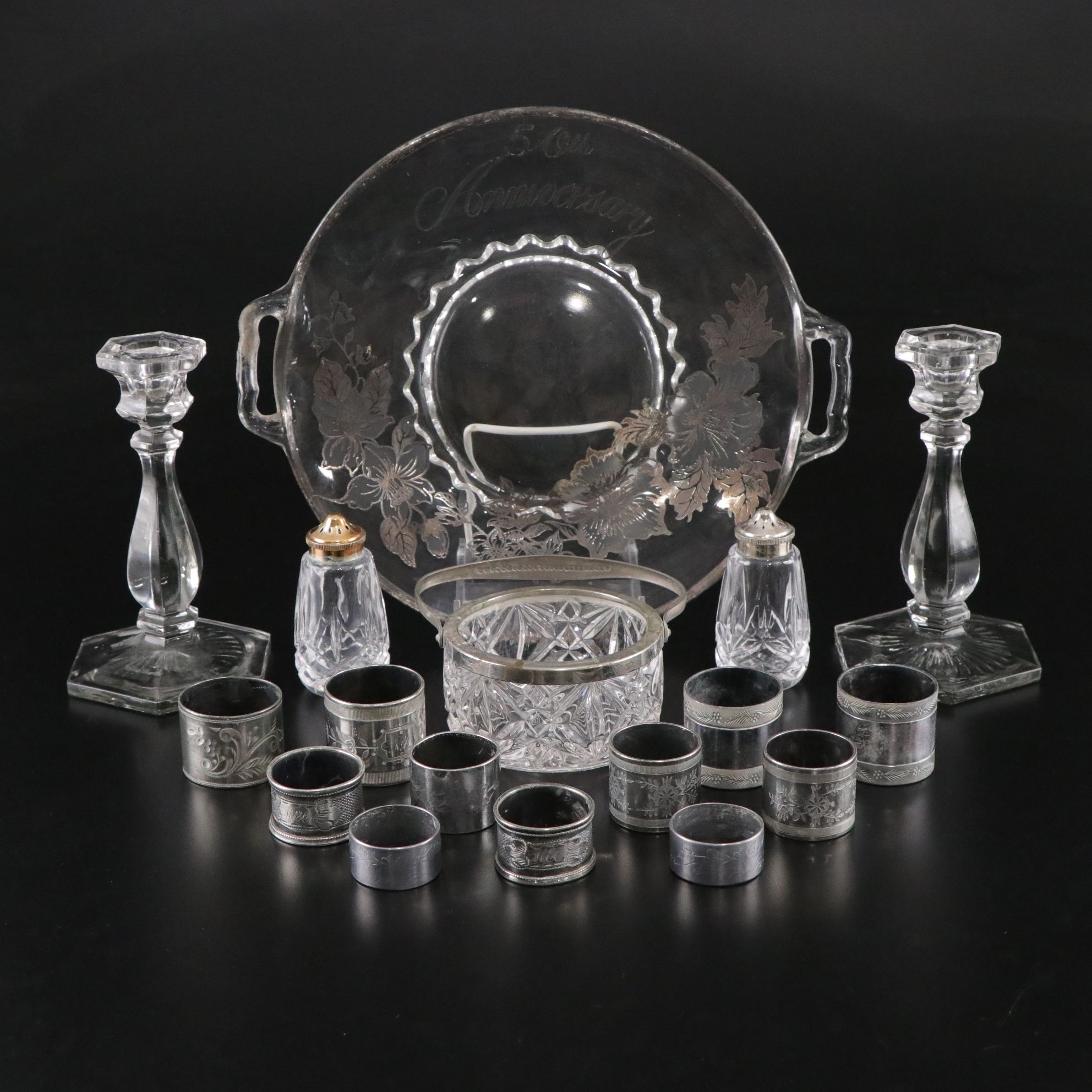 Silver Plate & Glass Napkin Rings, Serving Plate & More