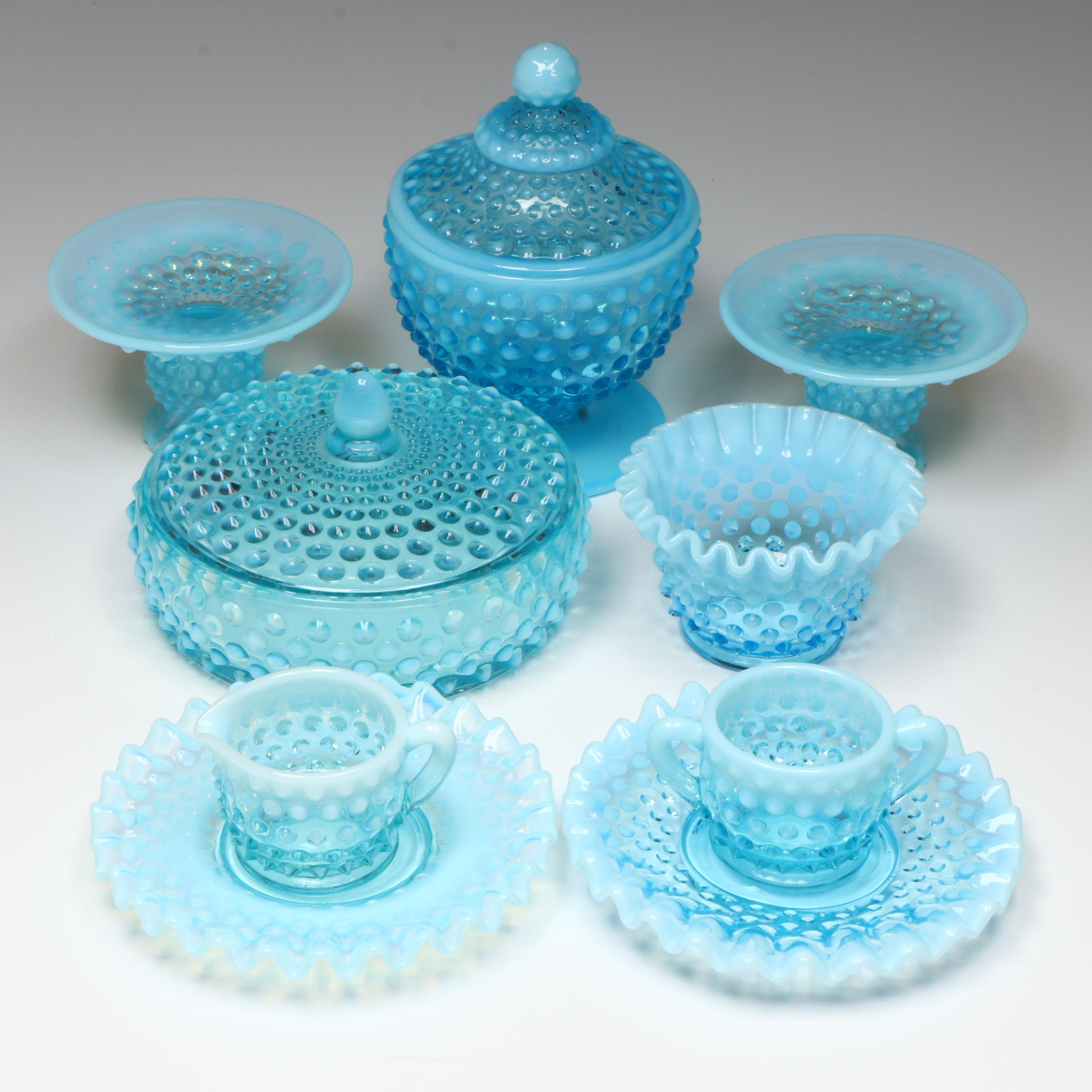 Fenton Glass Blue Hobnail Candleholders and More Serving Dishes