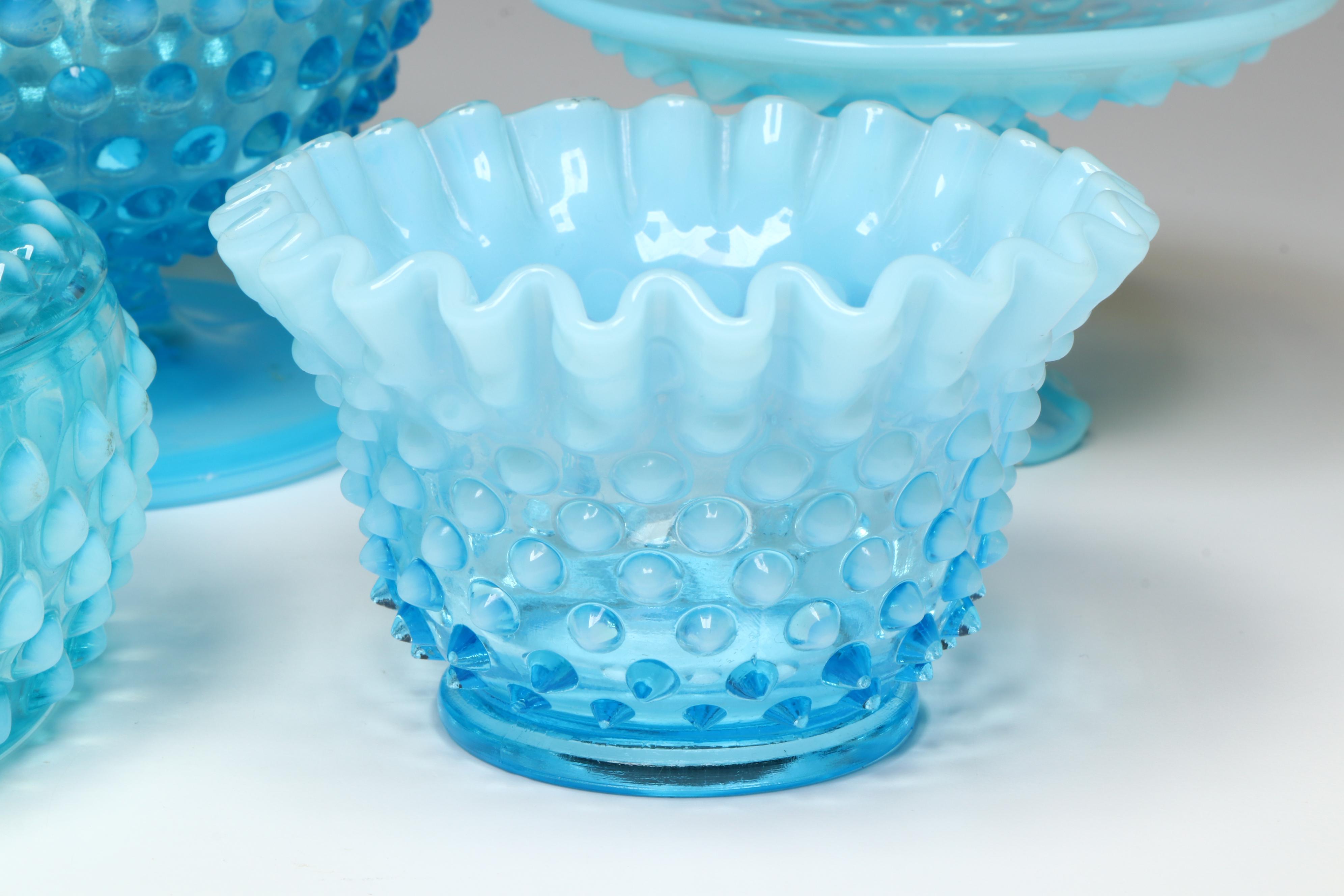 Fenton Glass Blue Hobnail Candleholders and More Serving Dishes