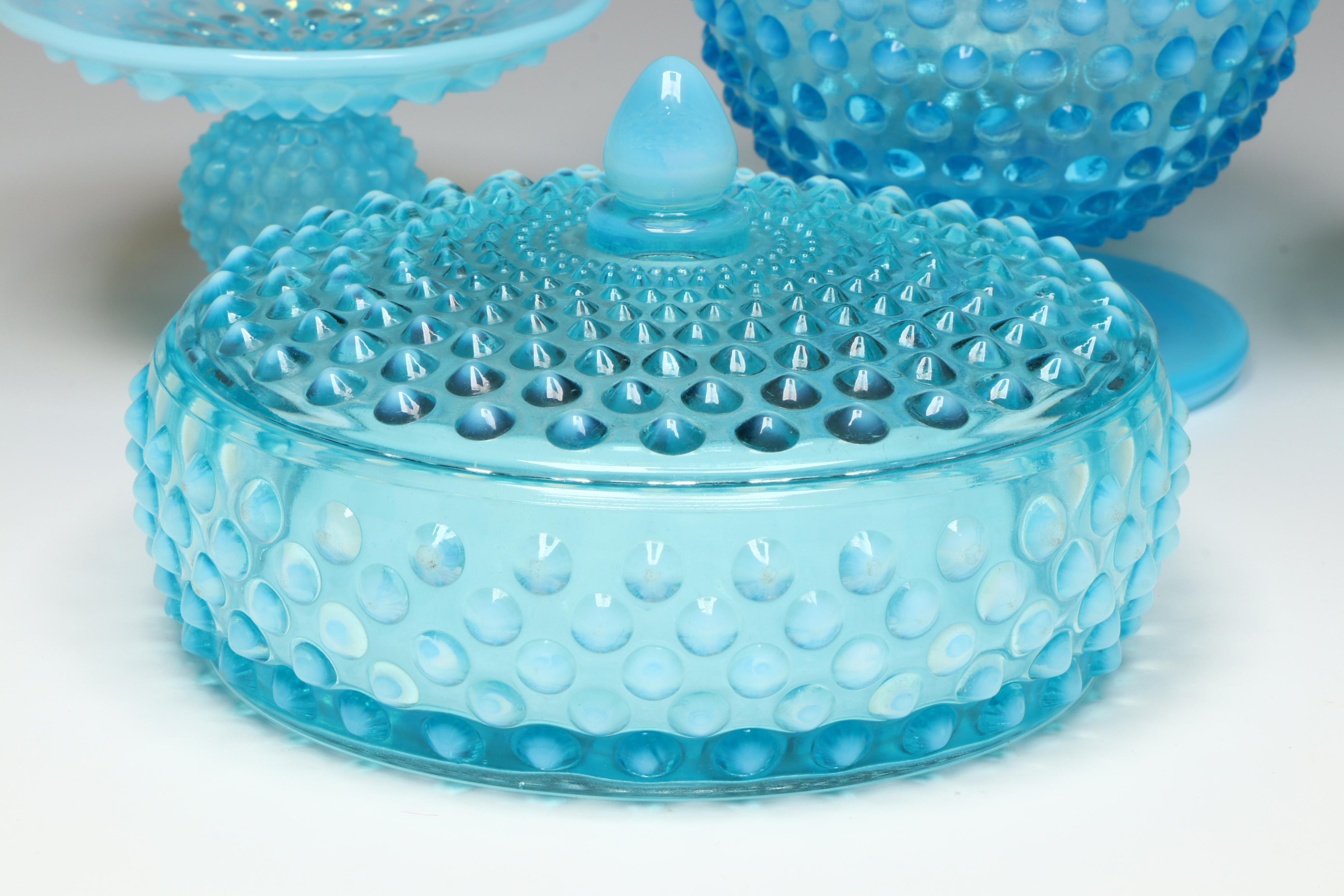 Fenton Glass Blue Hobnail Candleholders and More Serving Dishes