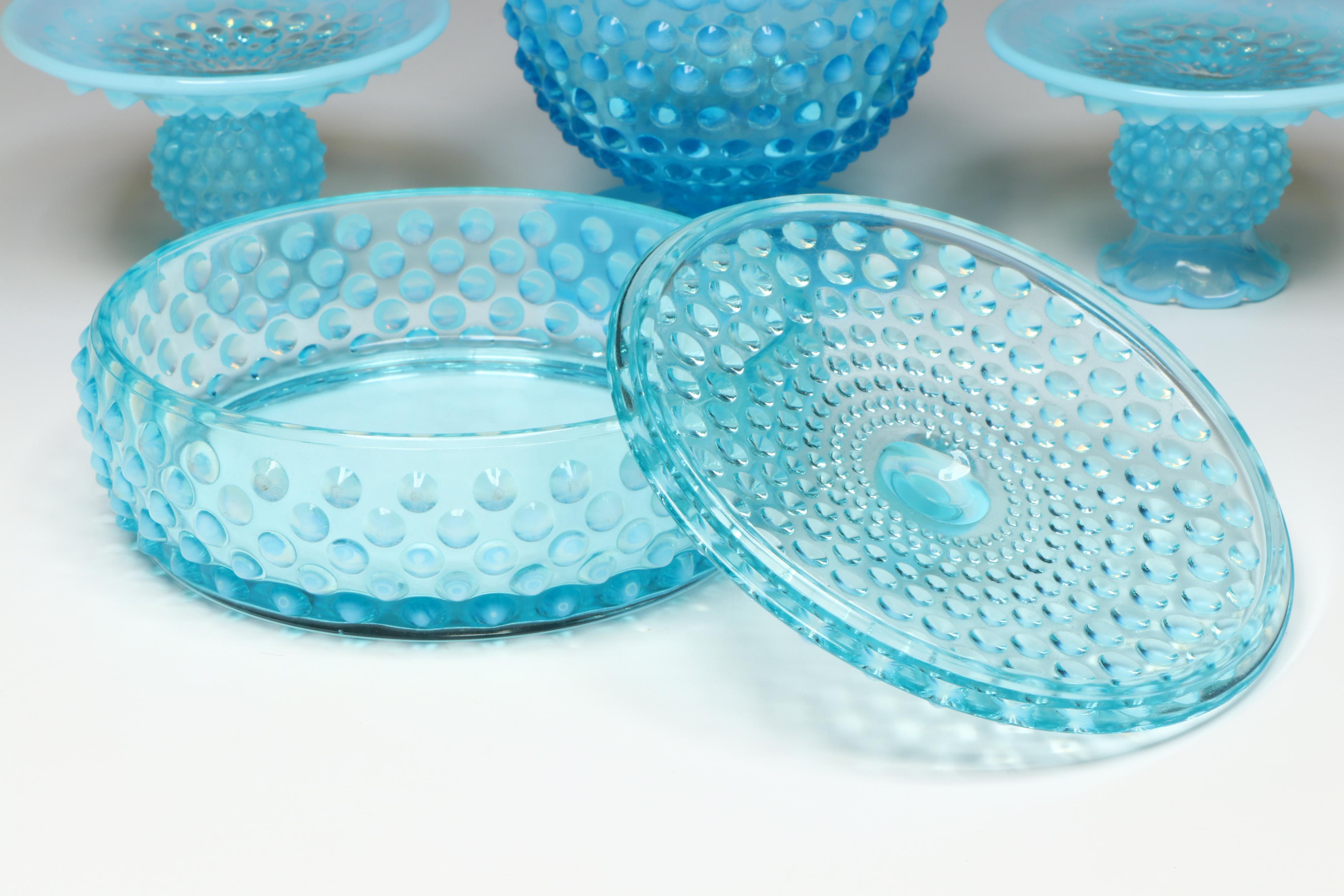 Fenton Glass Blue Hobnail Candleholders and More Serving Dishes