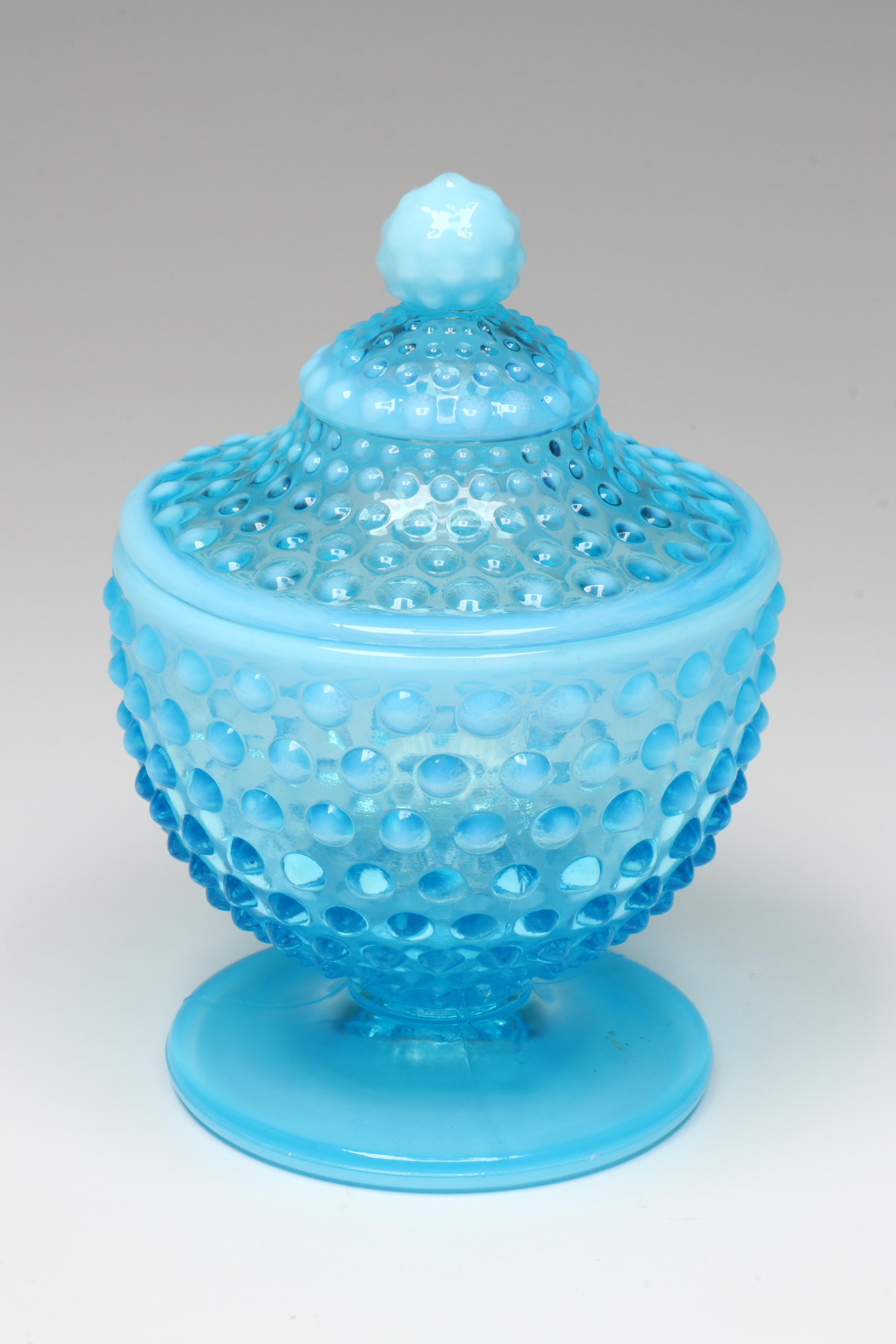 Fenton Glass Blue Hobnail Candleholders and More Serving Dishes