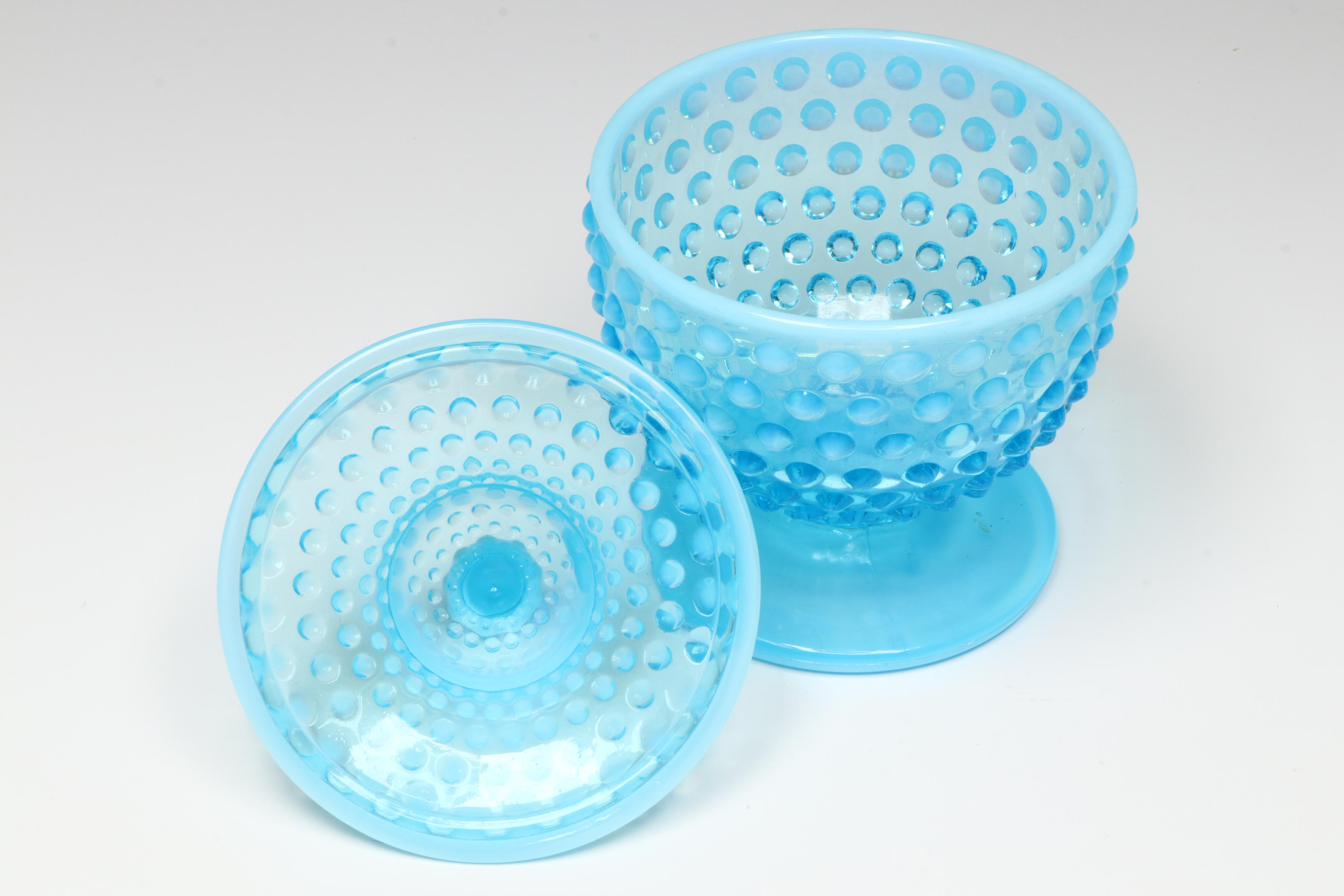 Fenton Glass Blue Hobnail Candleholders and More Serving Dishes