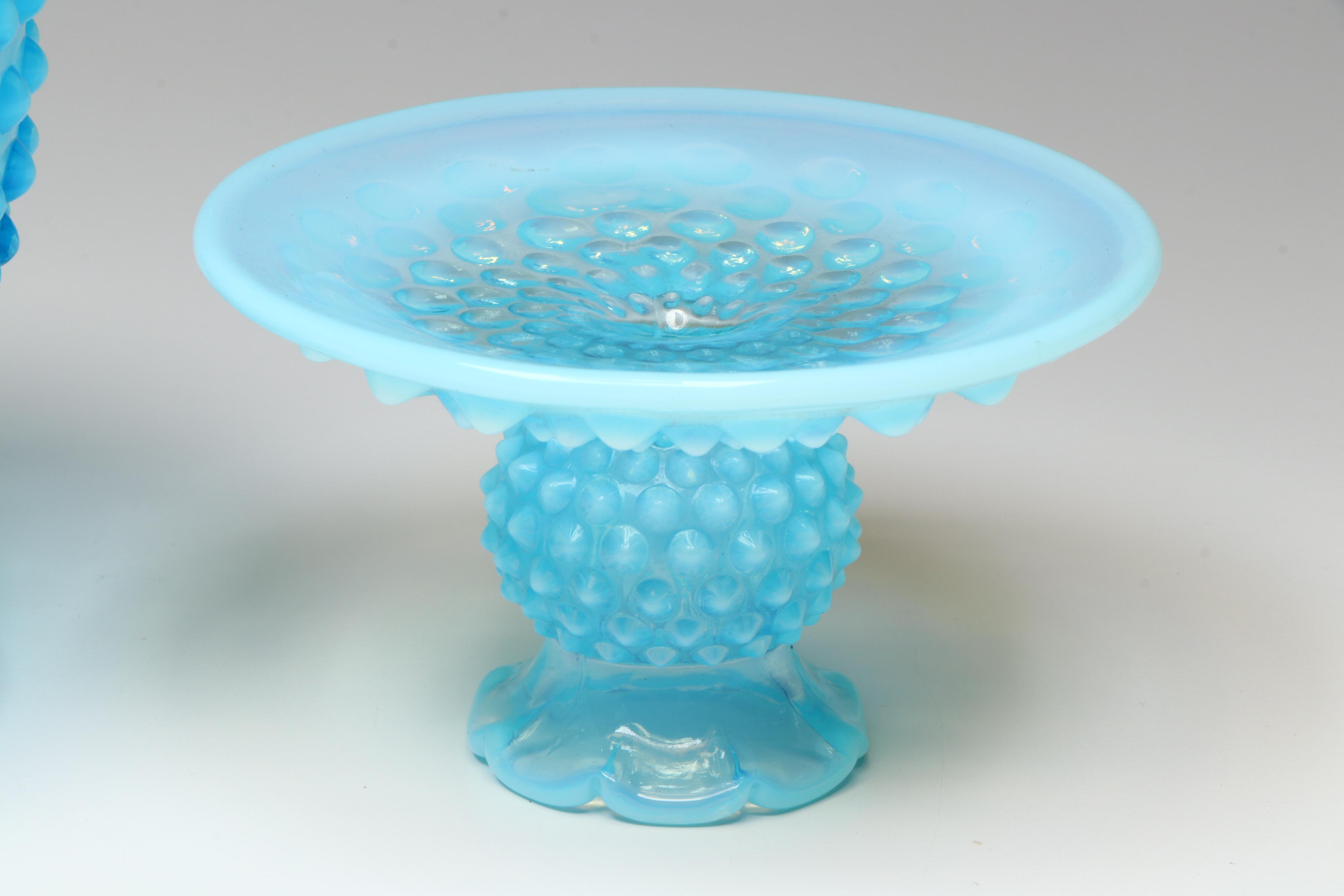 Fenton Glass Blue Hobnail Candleholders and More Serving Dishes