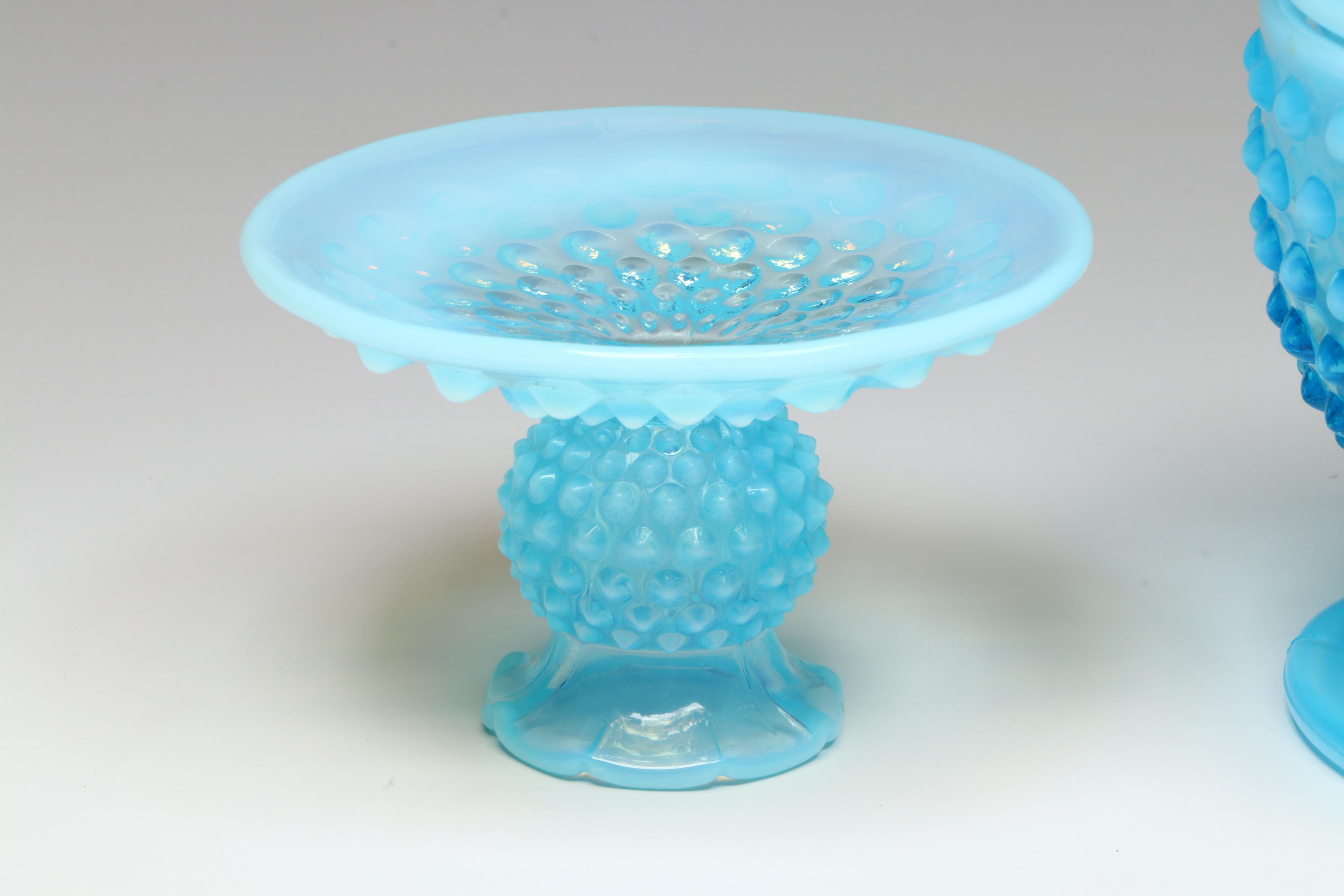 Fenton Glass Blue Hobnail Candleholders and More Serving Dishes