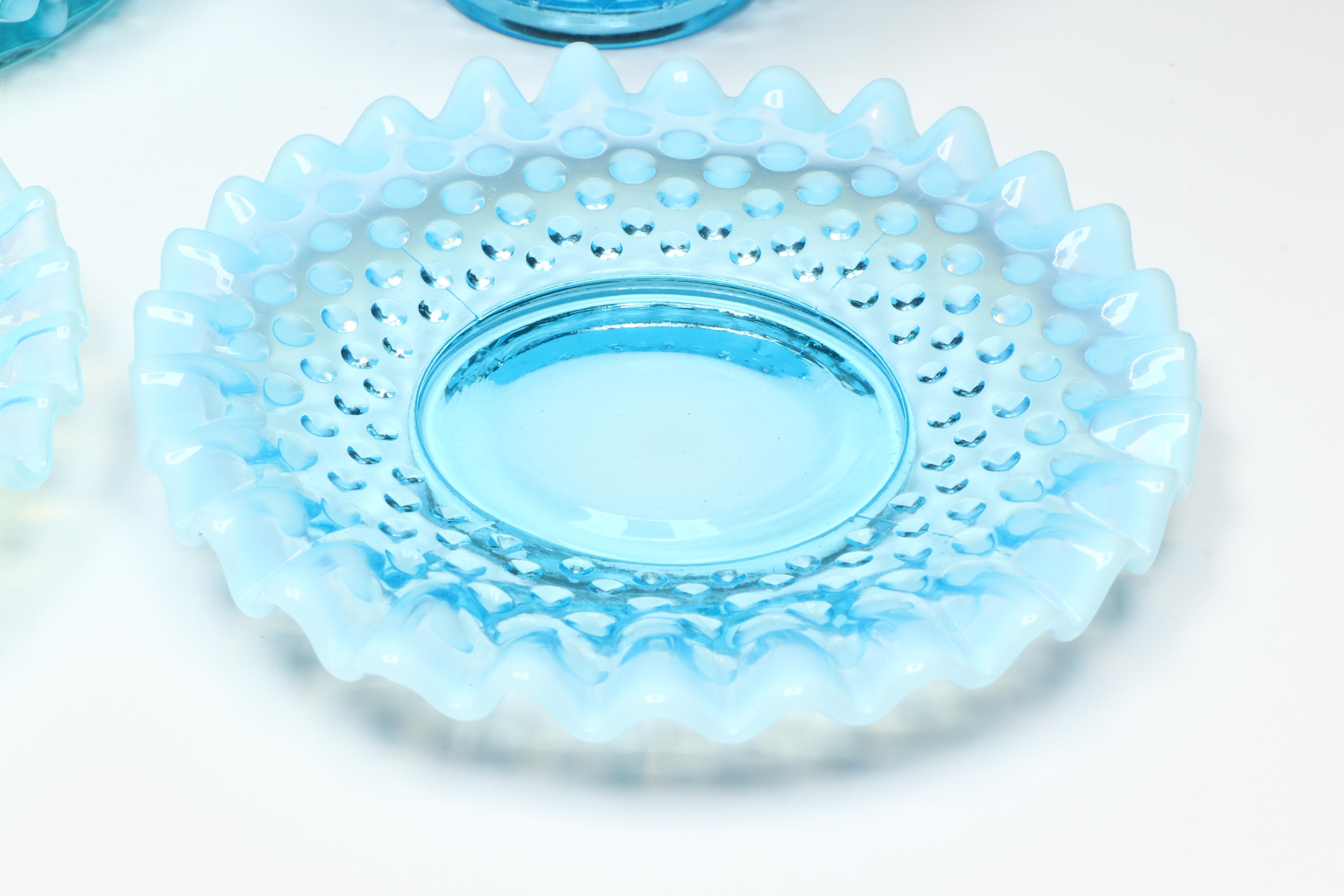 Fenton Glass Blue Hobnail Candleholders and More Serving Dishes