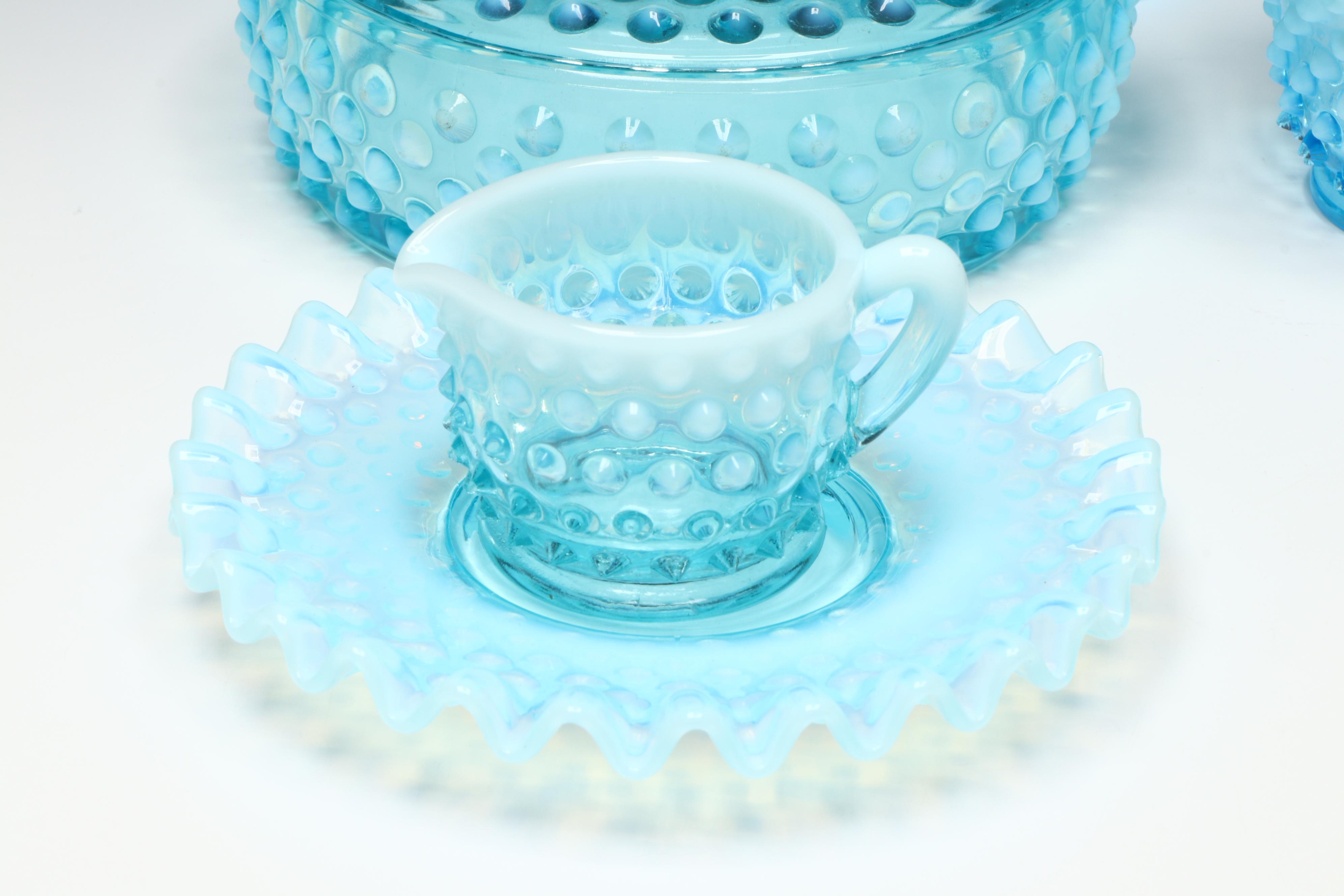 Fenton Glass Blue Hobnail Candleholders and More Serving Dishes