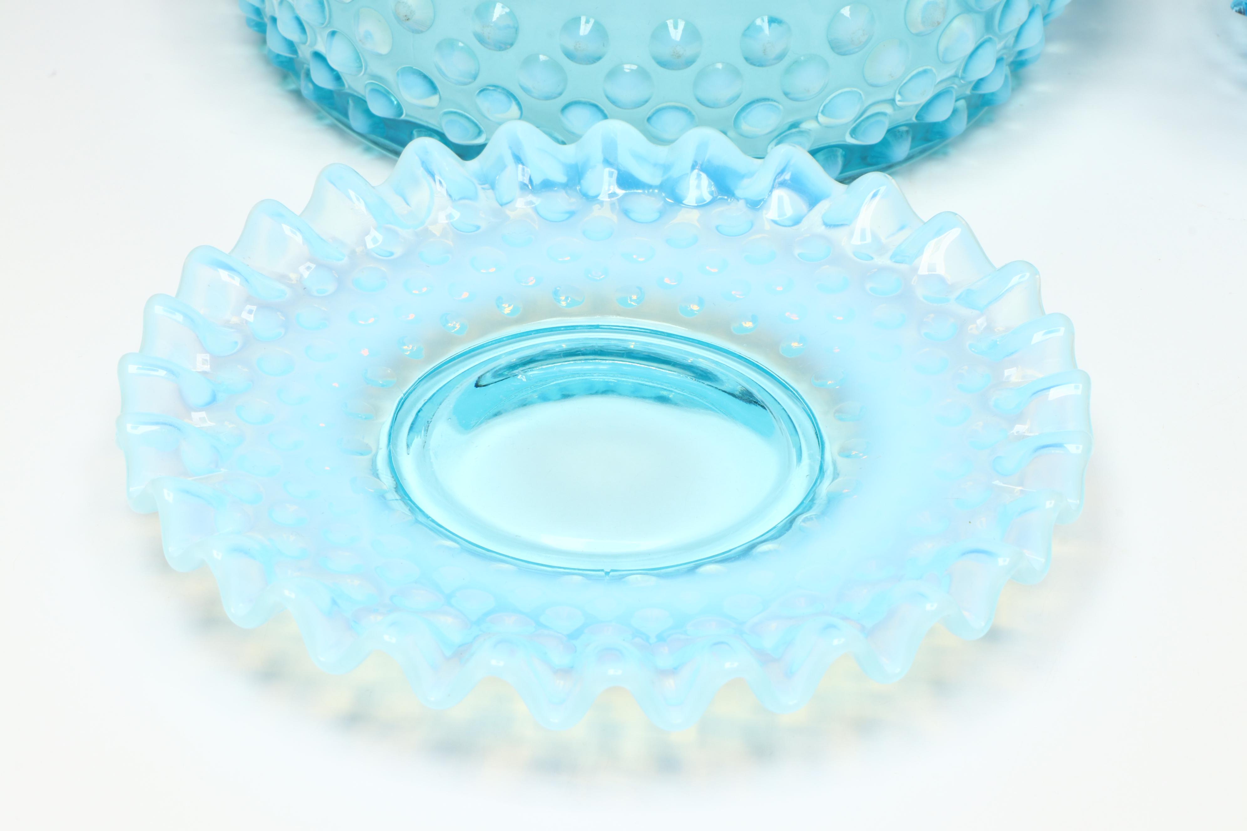 Fenton Glass Blue Hobnail Candleholders and More Serving Dishes