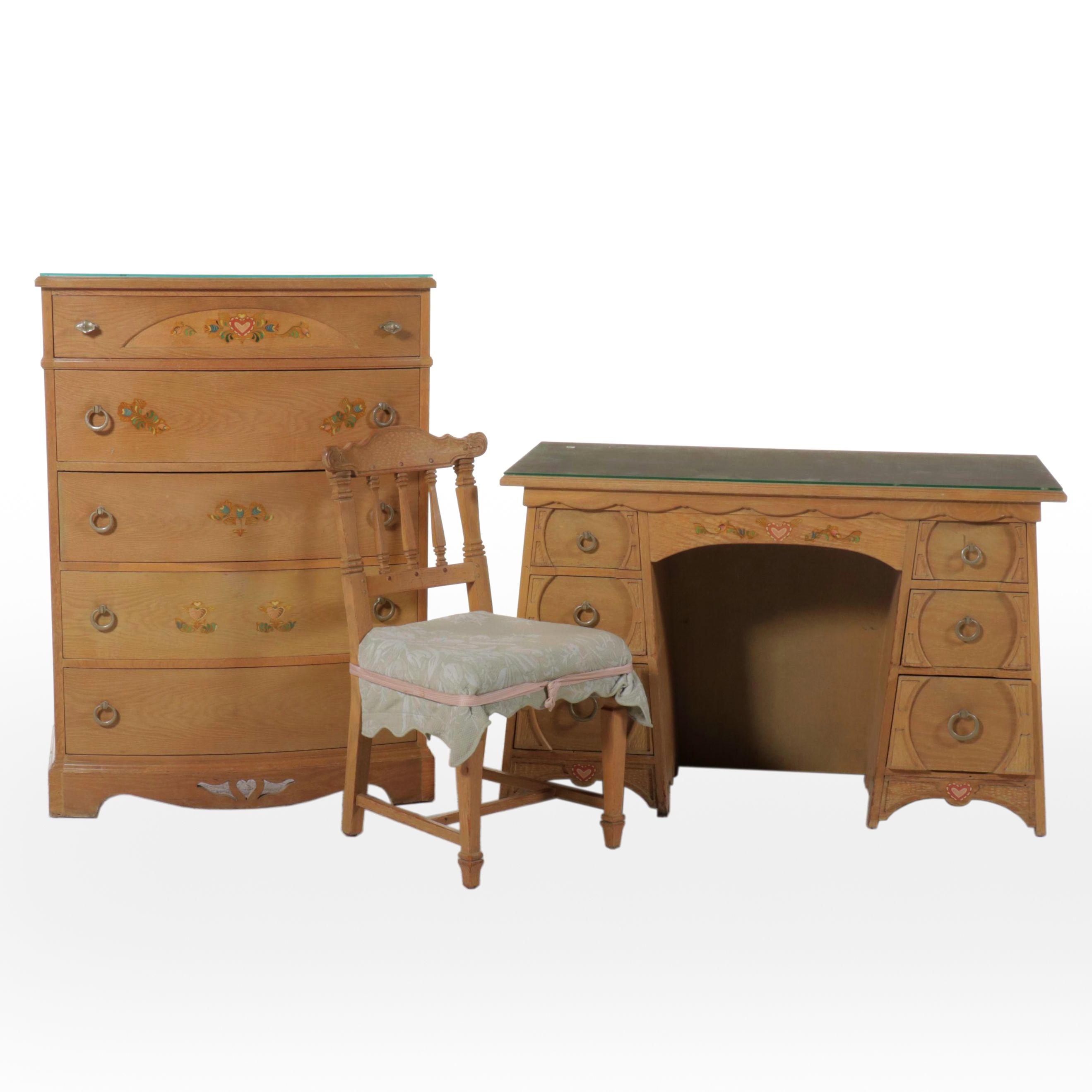 French Provincial Chest of Drawers, Desk, and Chair