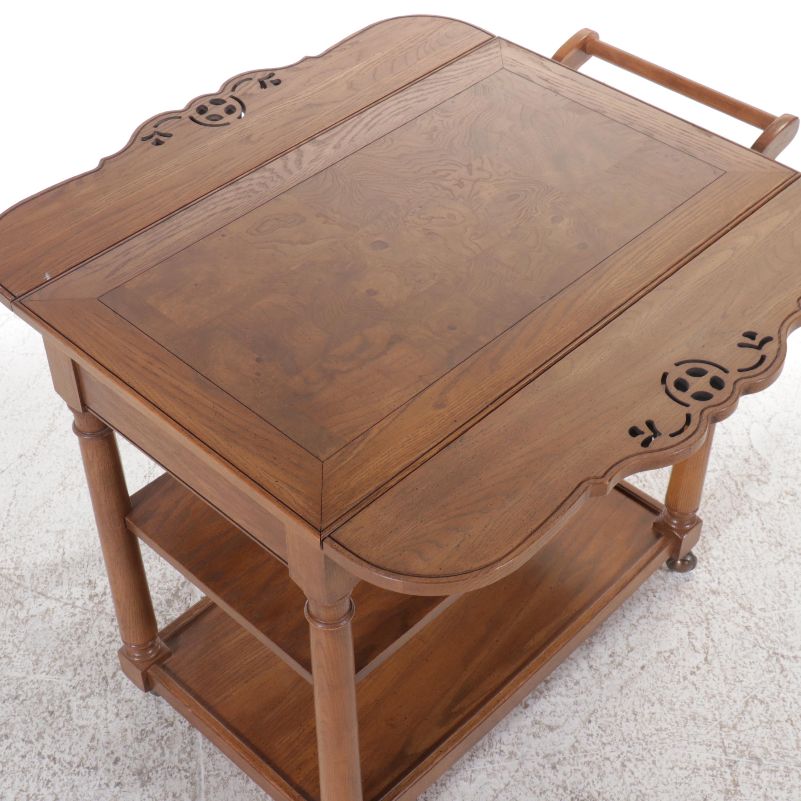 Oak and Burl Wood Drop-Leaf Bar Cart