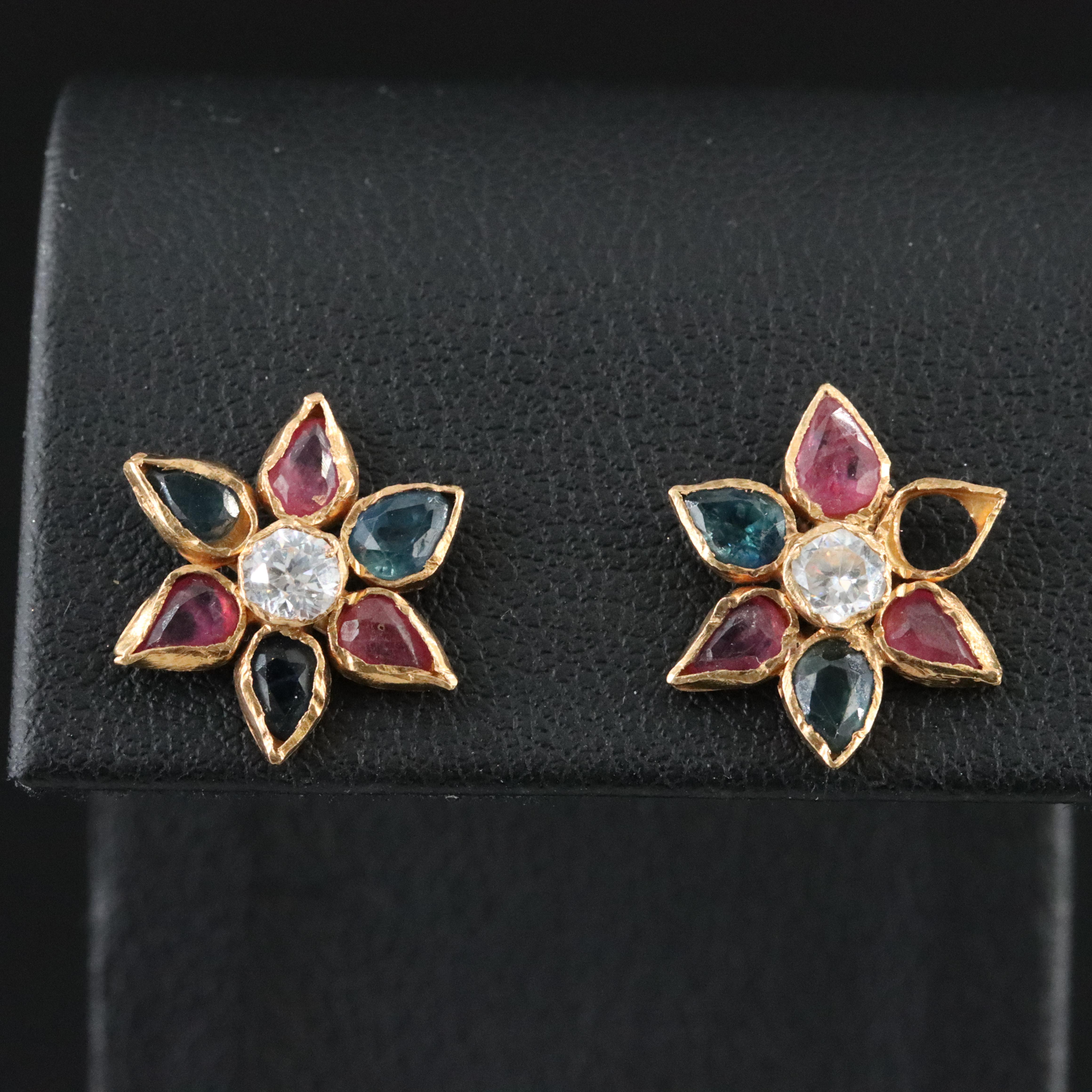 22K Ruby, Sapphire and CZ Flower Earrings