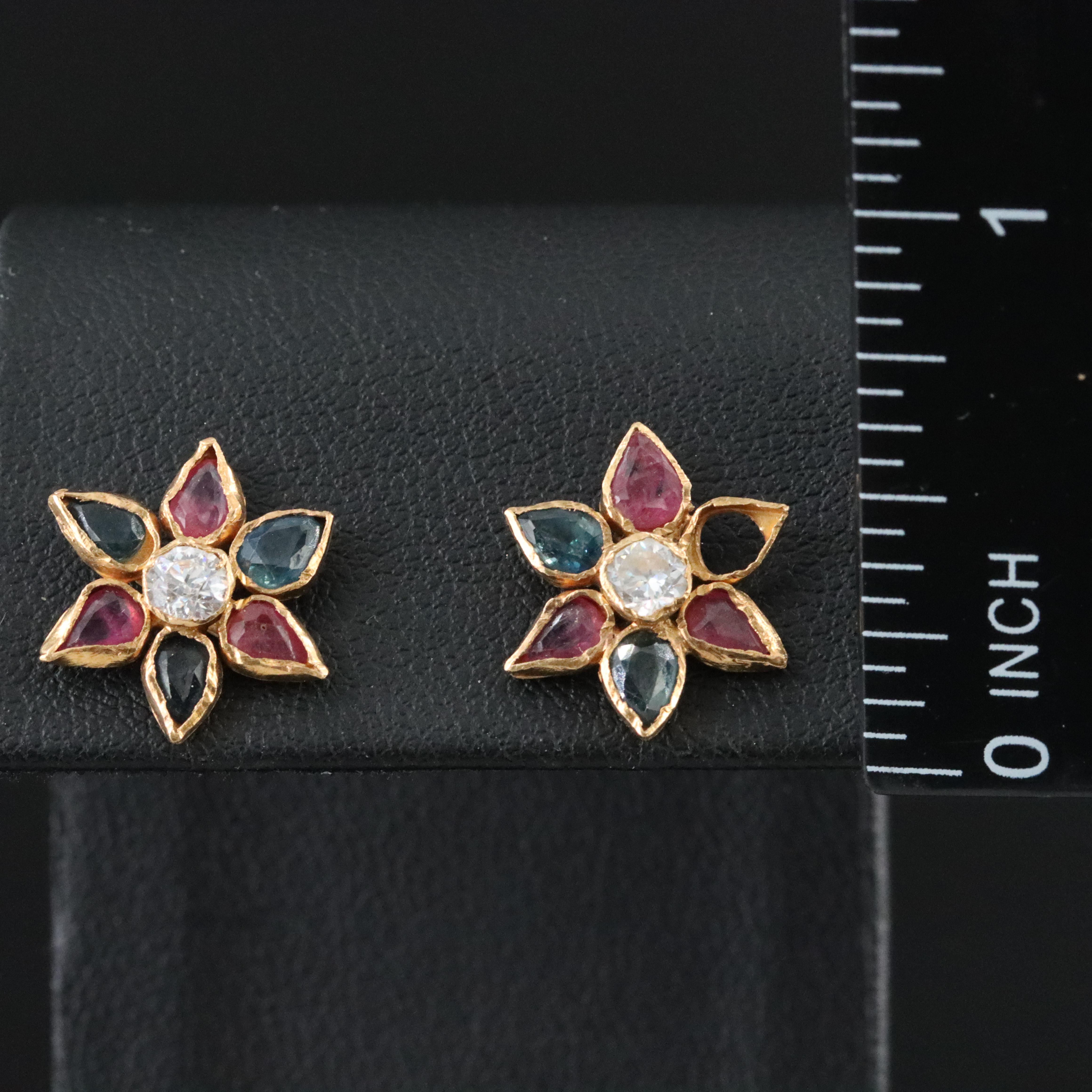 22K Ruby, Sapphire and CZ Flower Earrings