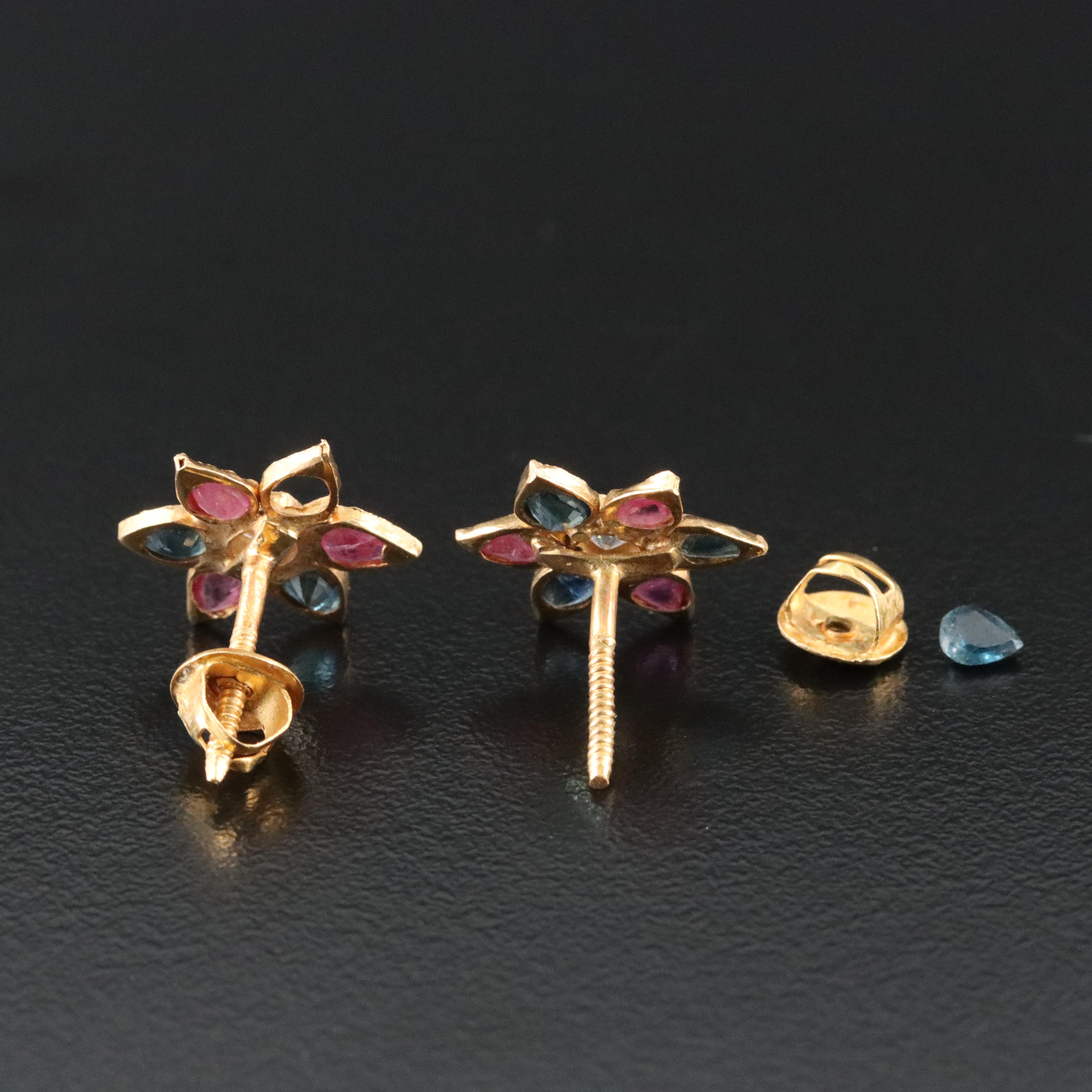 22K Ruby, Sapphire and CZ Flower Earrings