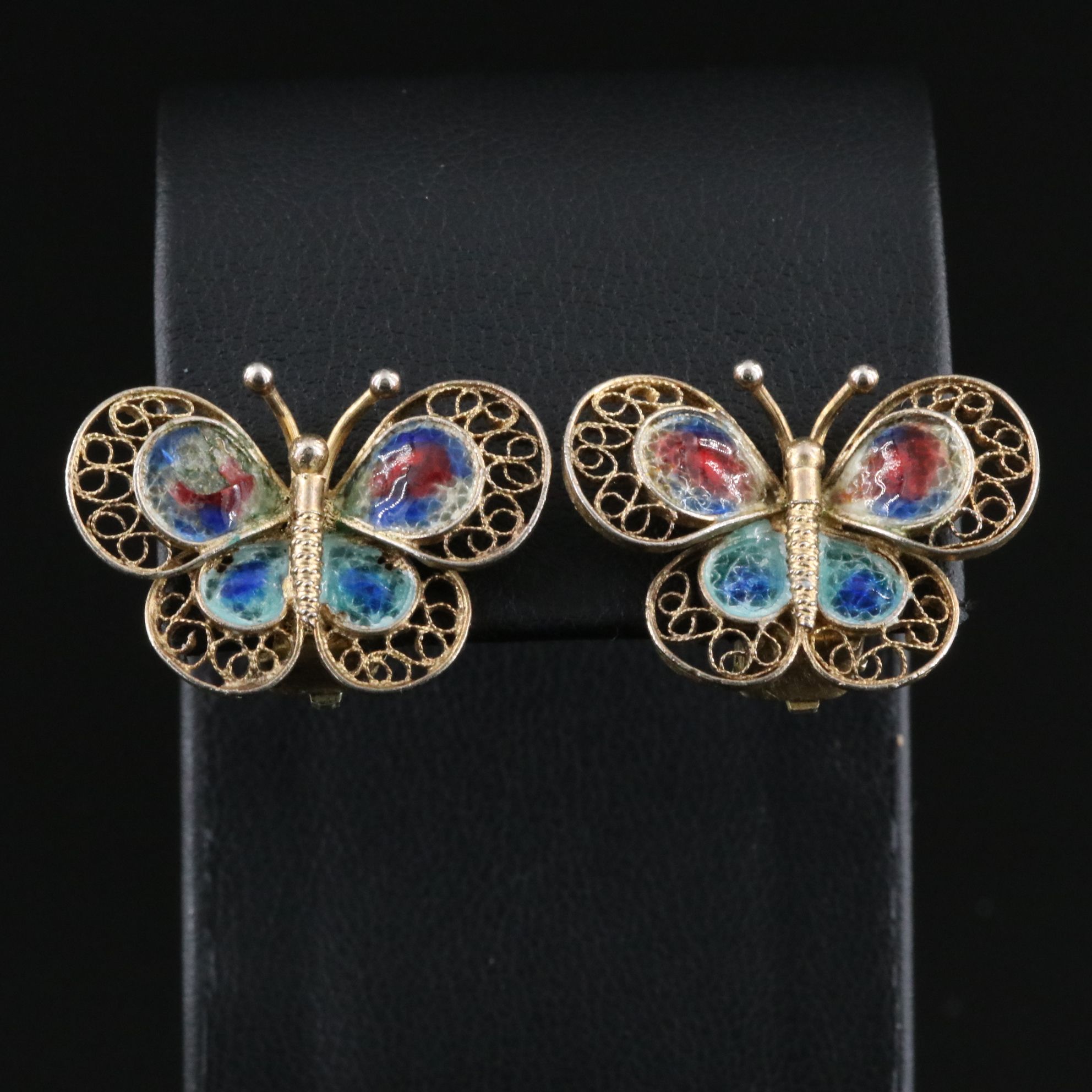 800 Silver Plique-a-Jour Enamel Filigree Butterfly Earrings