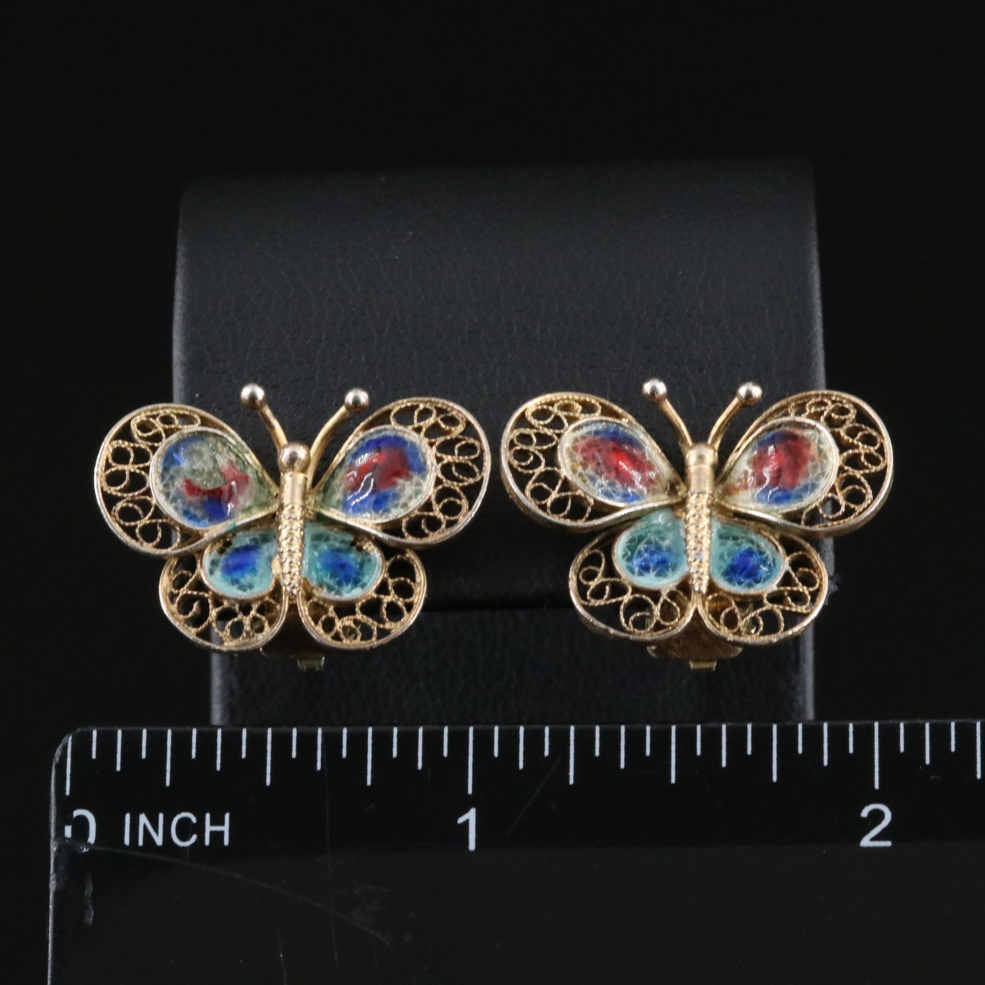 800 Silver Plique-a-Jour Enamel Filigree Butterfly Earrings