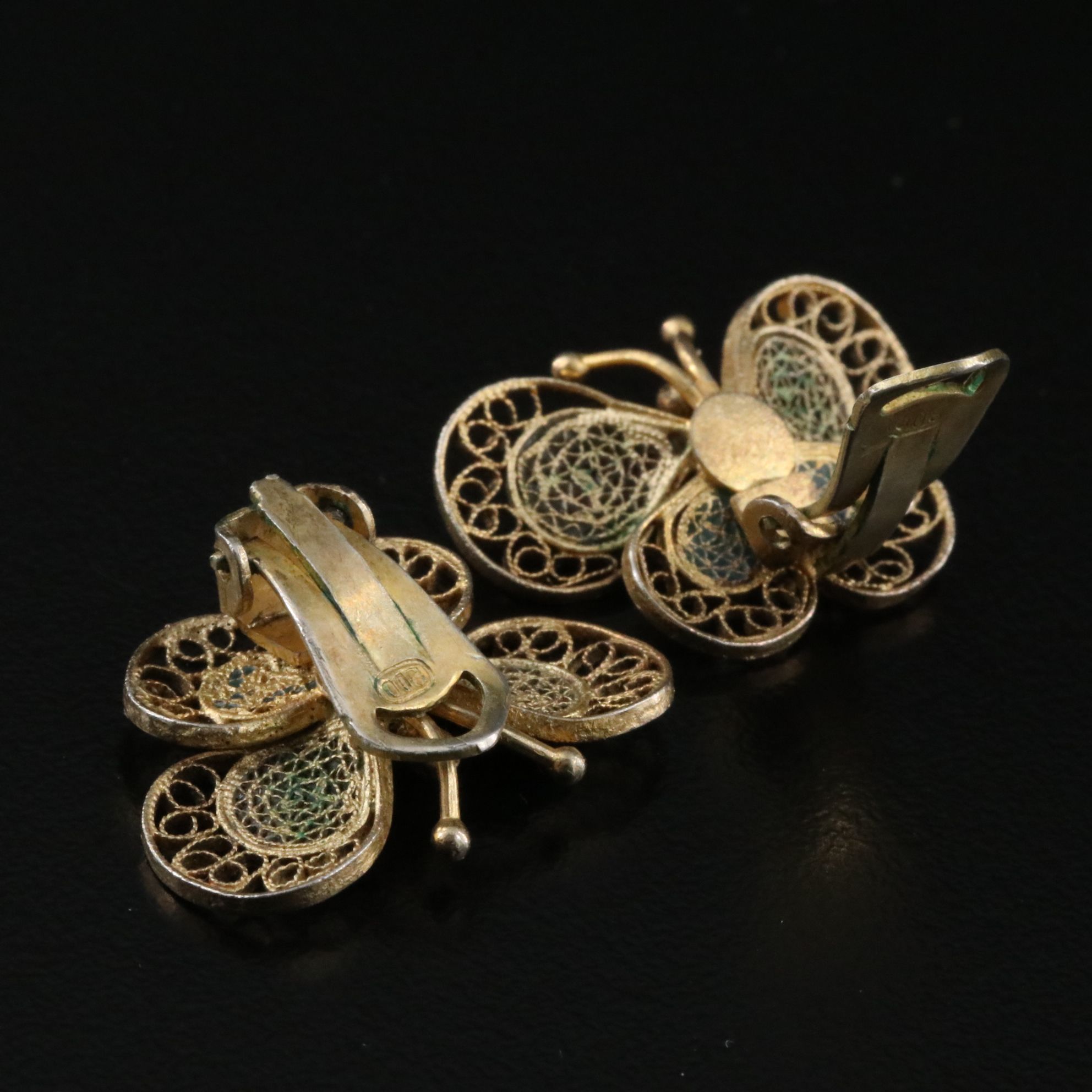 800 Silver Plique-a-Jour Enamel Filigree Butterfly Earrings