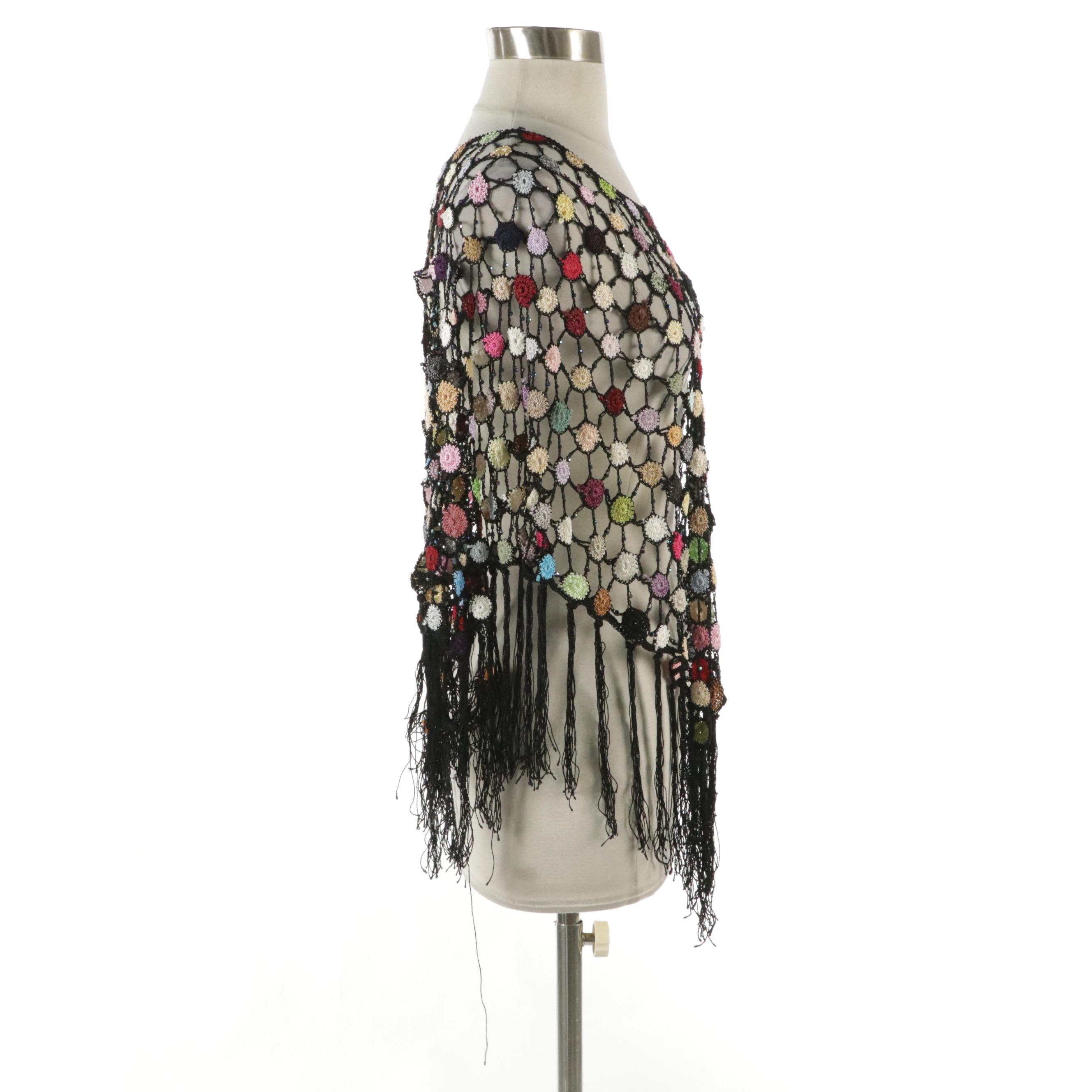 Multicolor Crochet Lace Poncho Top with Beaded Evening Purse