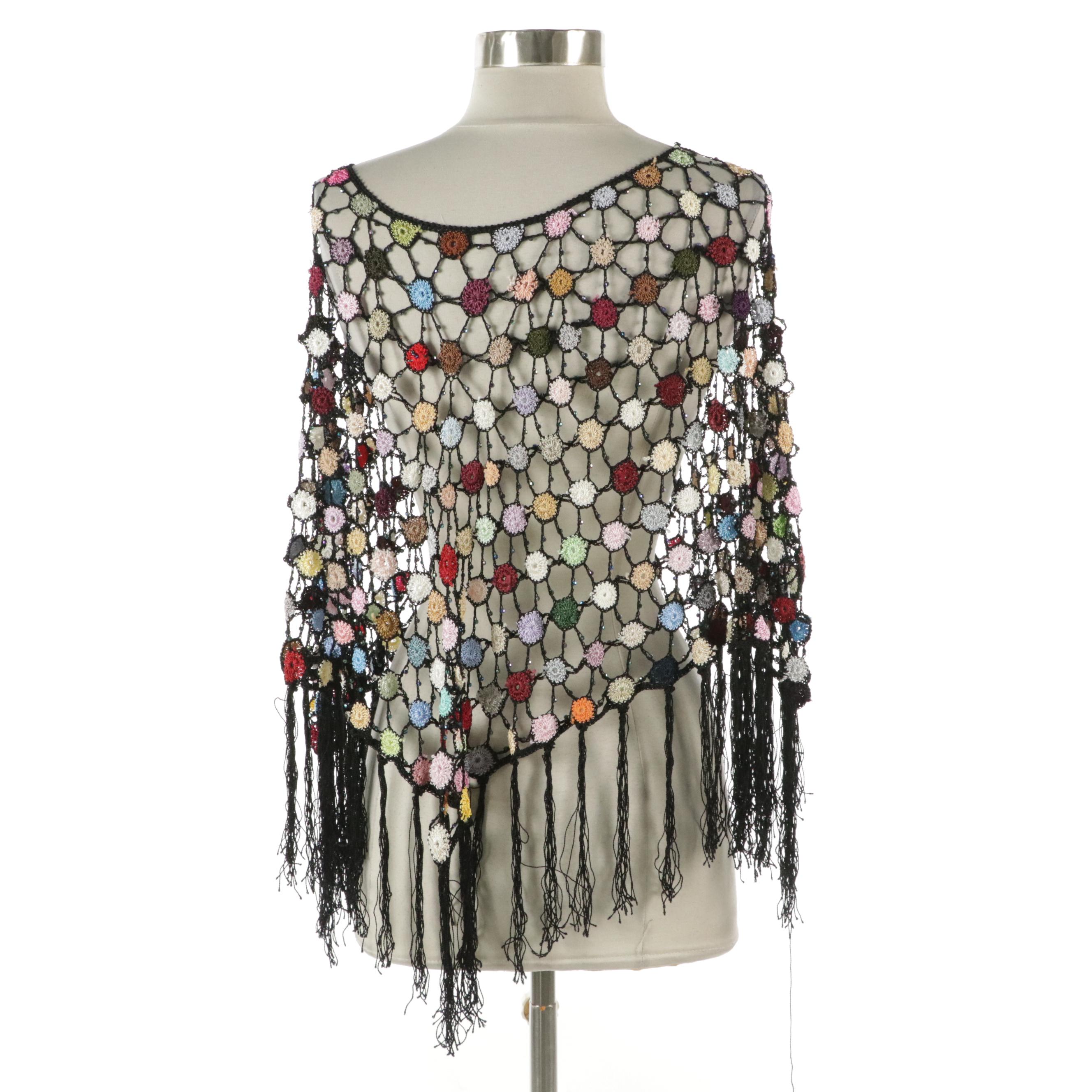 Multicolor Crochet Lace Poncho Top with Beaded Evening Purse