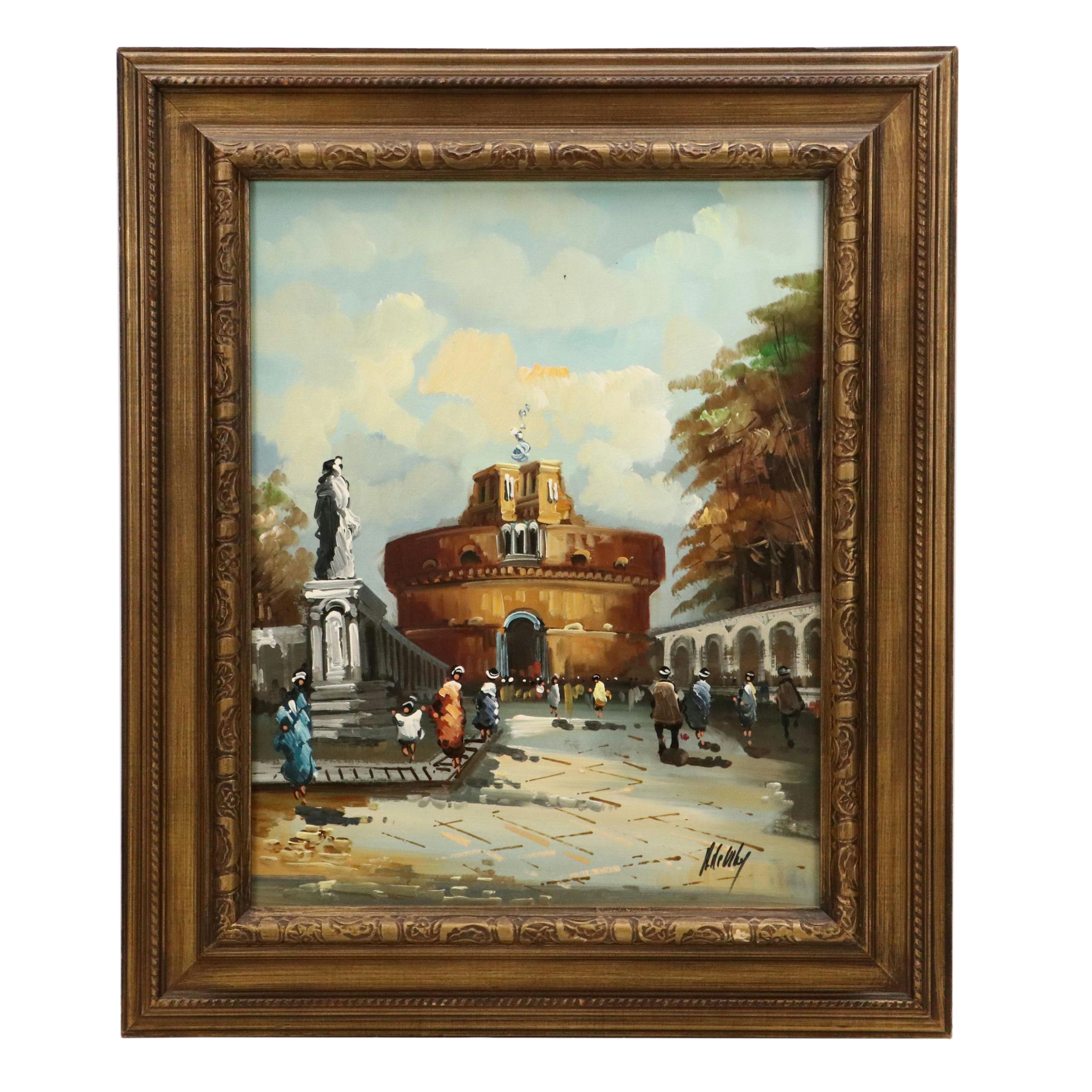 Antonio DeVity Oil Painting of Castel Sant'Angelo, 20th Century