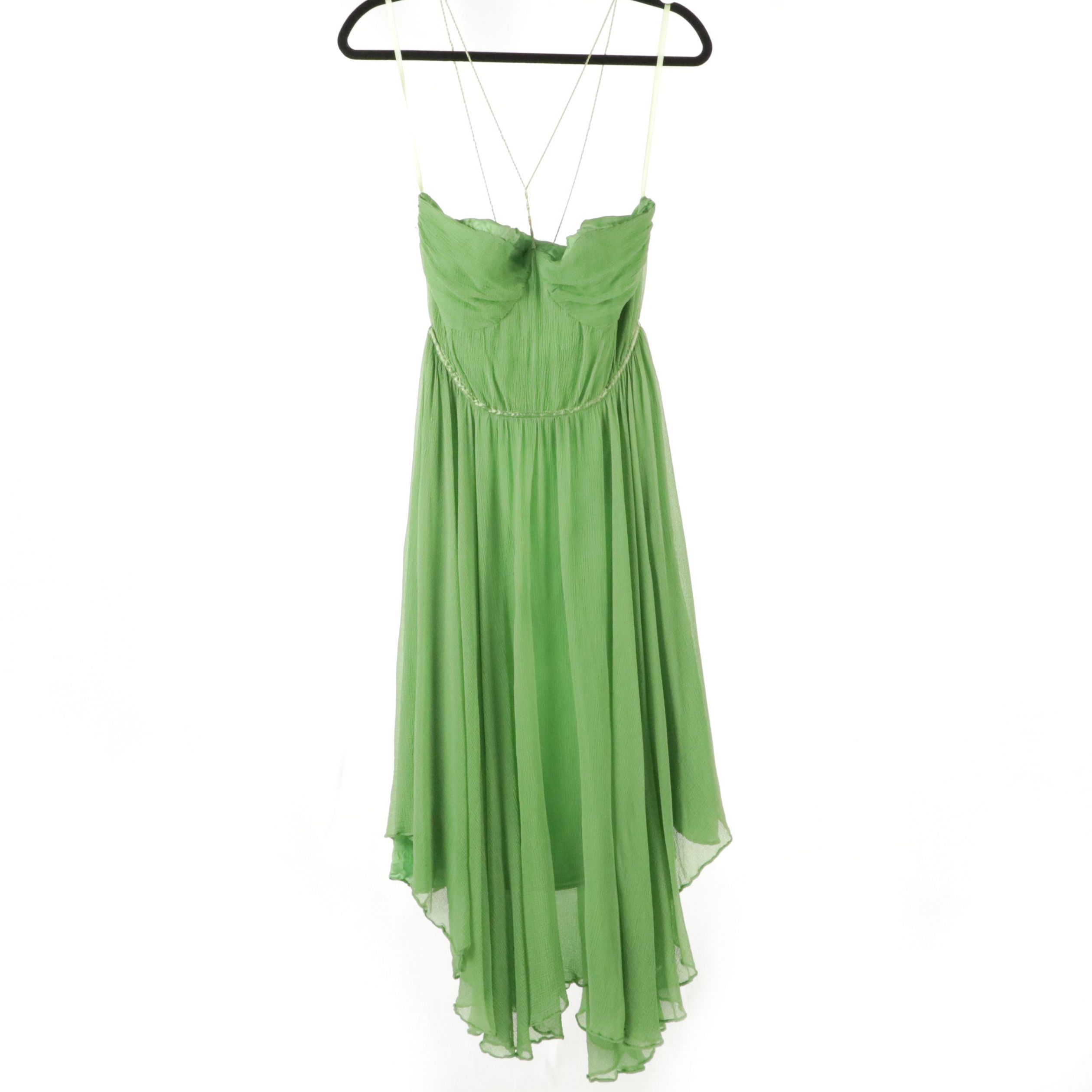Asymmetrically Hemmed Sleeveless Halter Midi Cocktail Dress in Green Chiffon