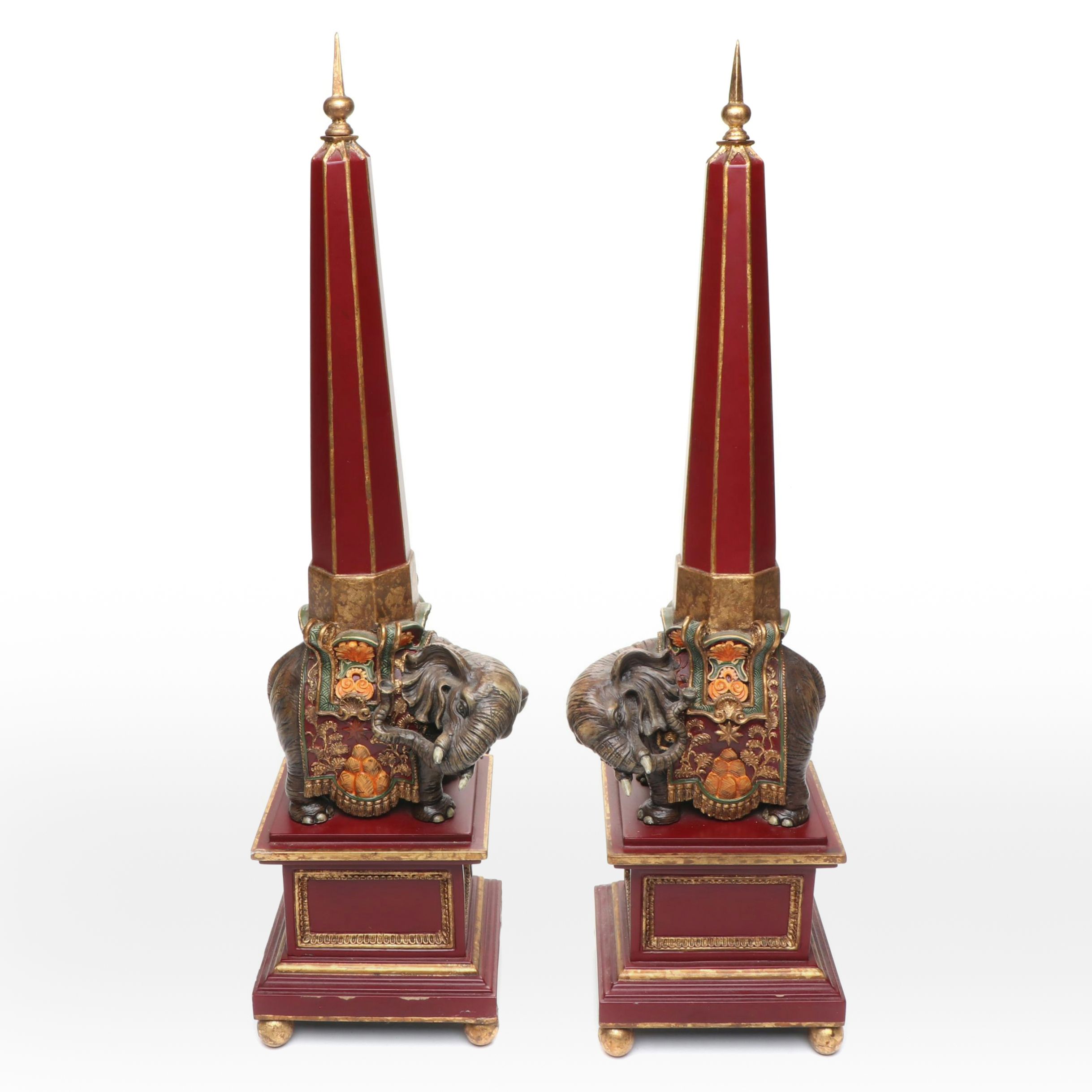 Sarreid Obelisk-Carrying Ornate Elephant Resin Figures on Wood Plinths
