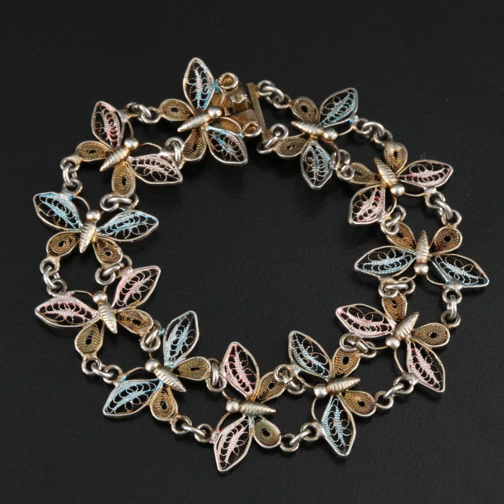 Vintage 800 Silver Tri-Color Butterfly Filigree Bracelet