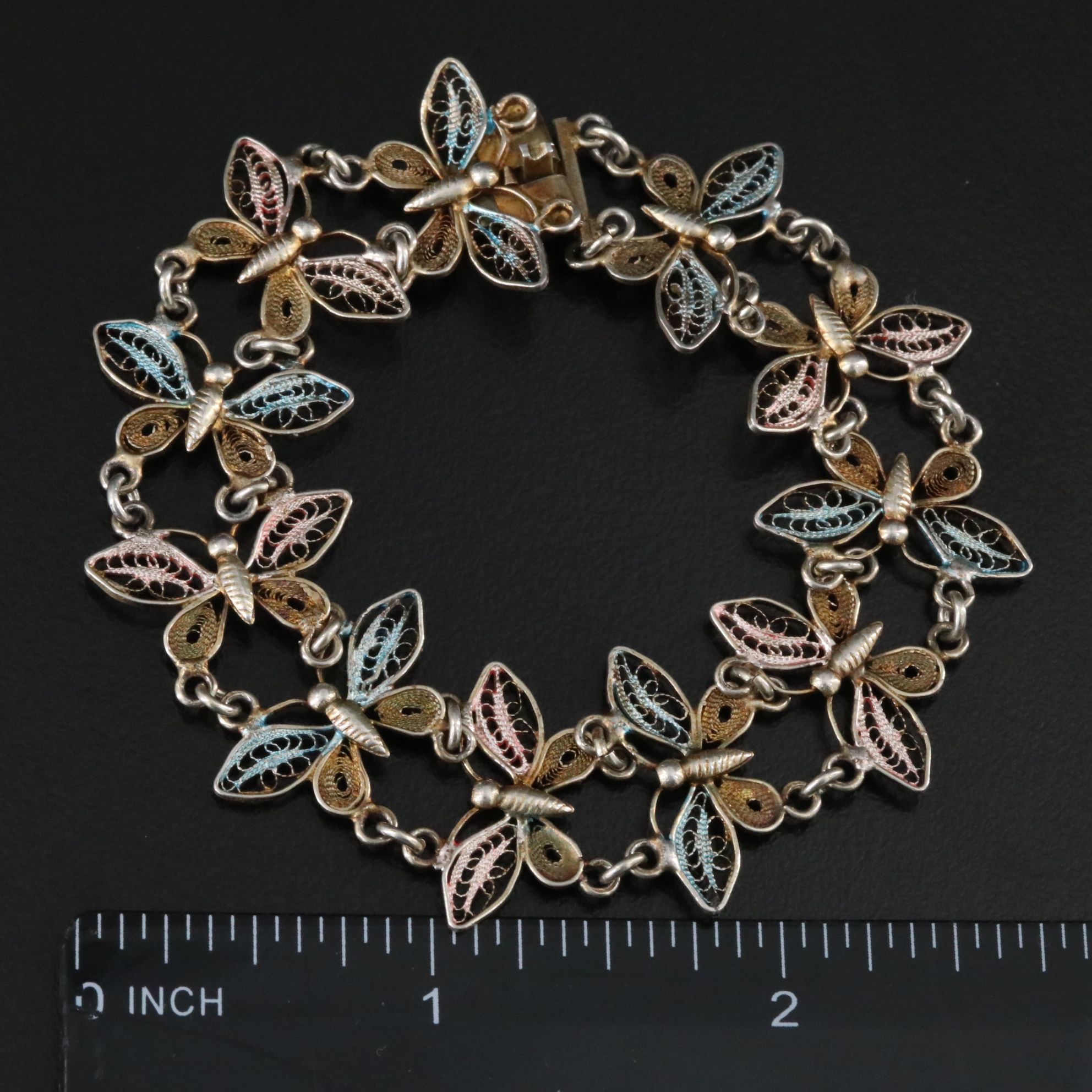 Vintage 800 Silver Tri-Color Butterfly Filigree Bracelet