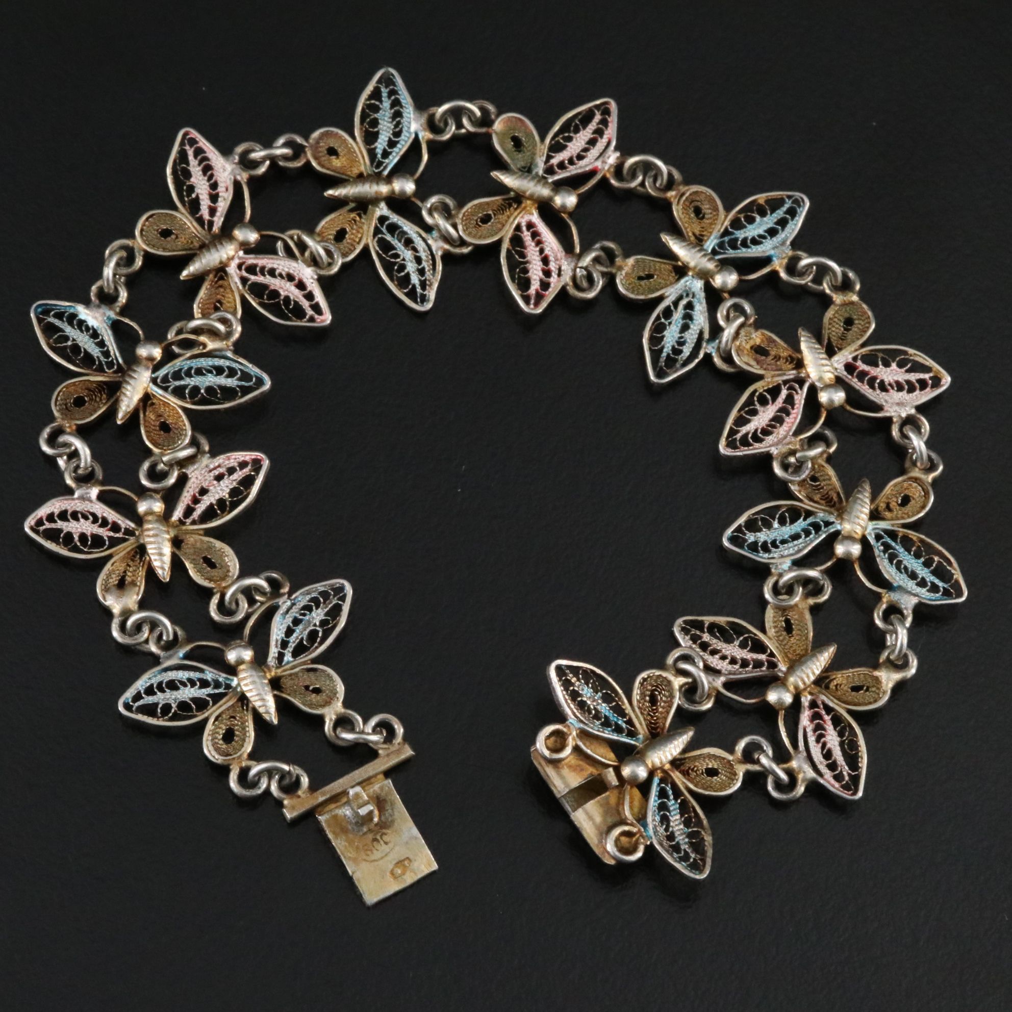 Vintage 800 Silver Tri-Color Butterfly Filigree Bracelet