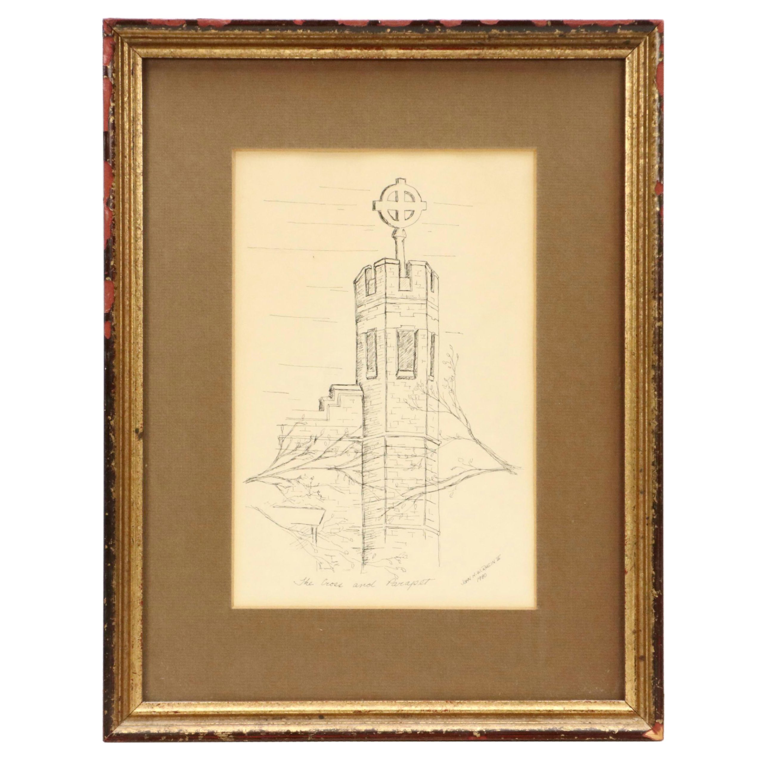 John H. W. Rhein III Ink Drawing "The Cross and Parapet," 1980