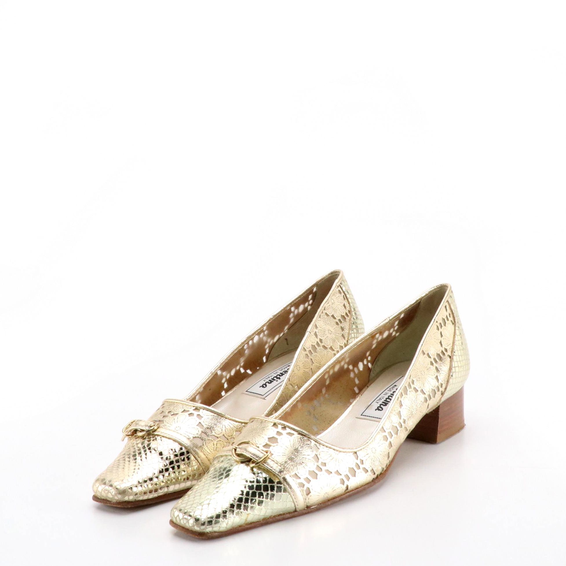 Valentina Block Heel Pumps in Laser Cut Metallic Leather