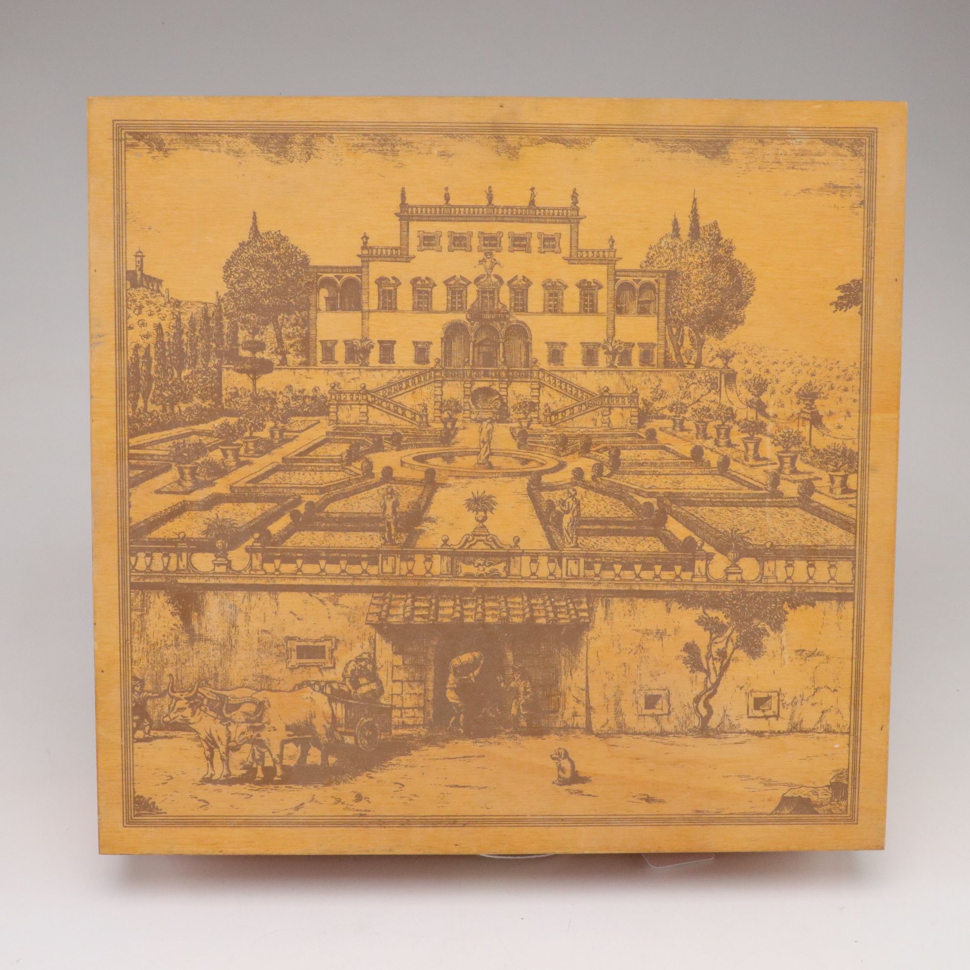 Wooden Box with Printed Estate Image , French Tin Litho Trays, and  Other Decor