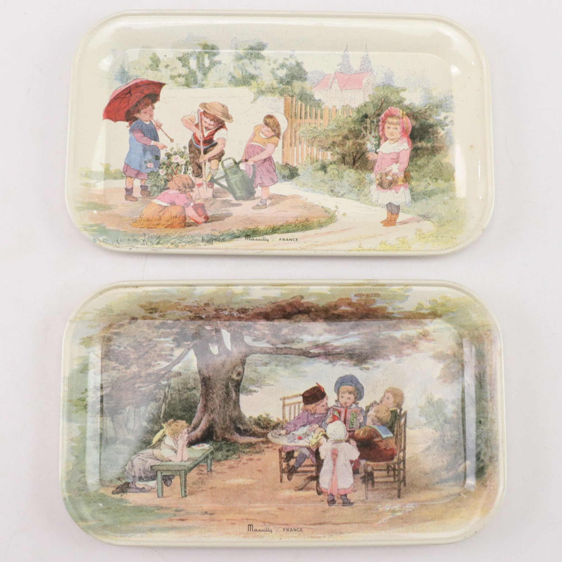 Wooden Box with Printed Estate Image , French Tin Litho Trays, and  Other Decor