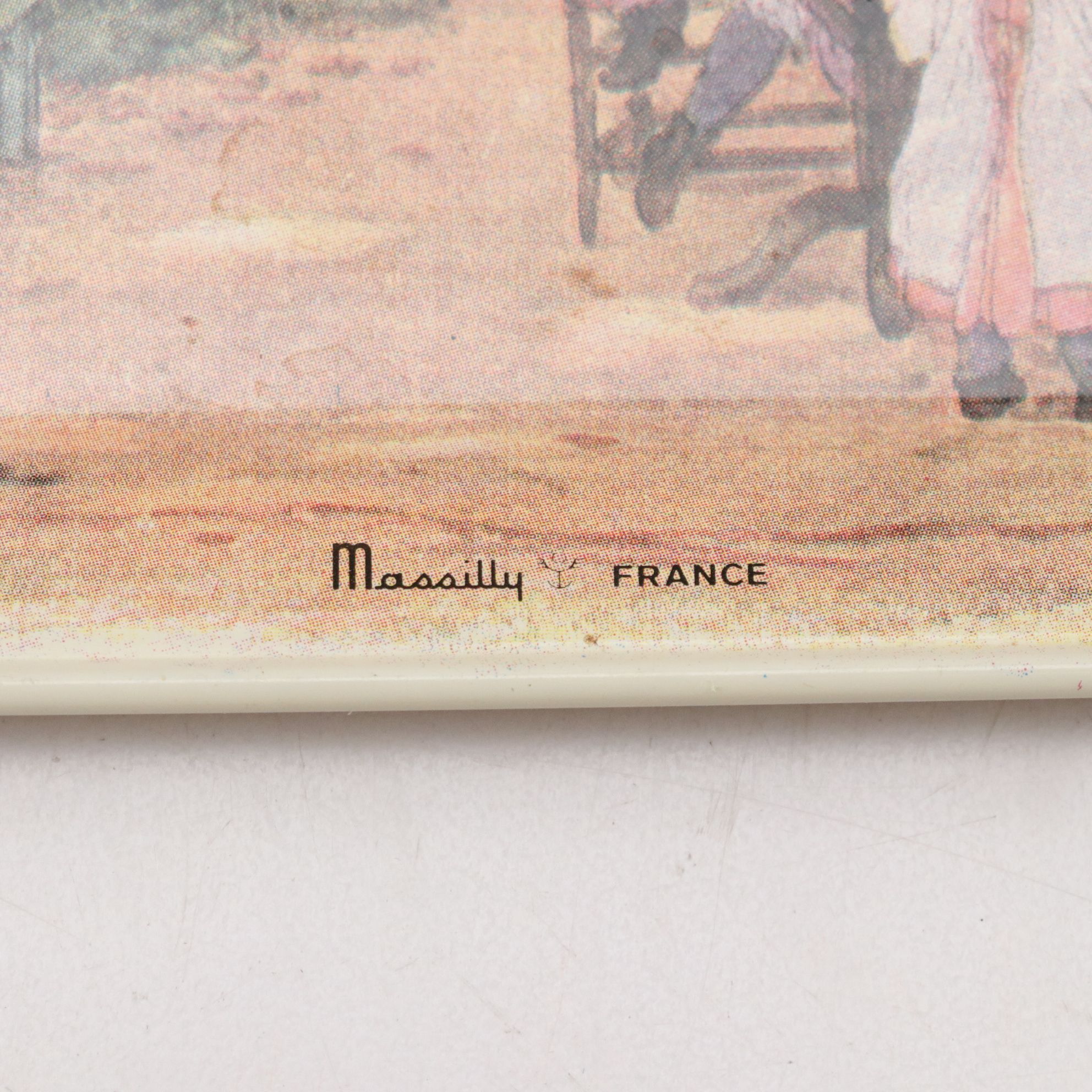 Wooden Box with Printed Estate Image , French Tin Litho Trays, and  Other Decor