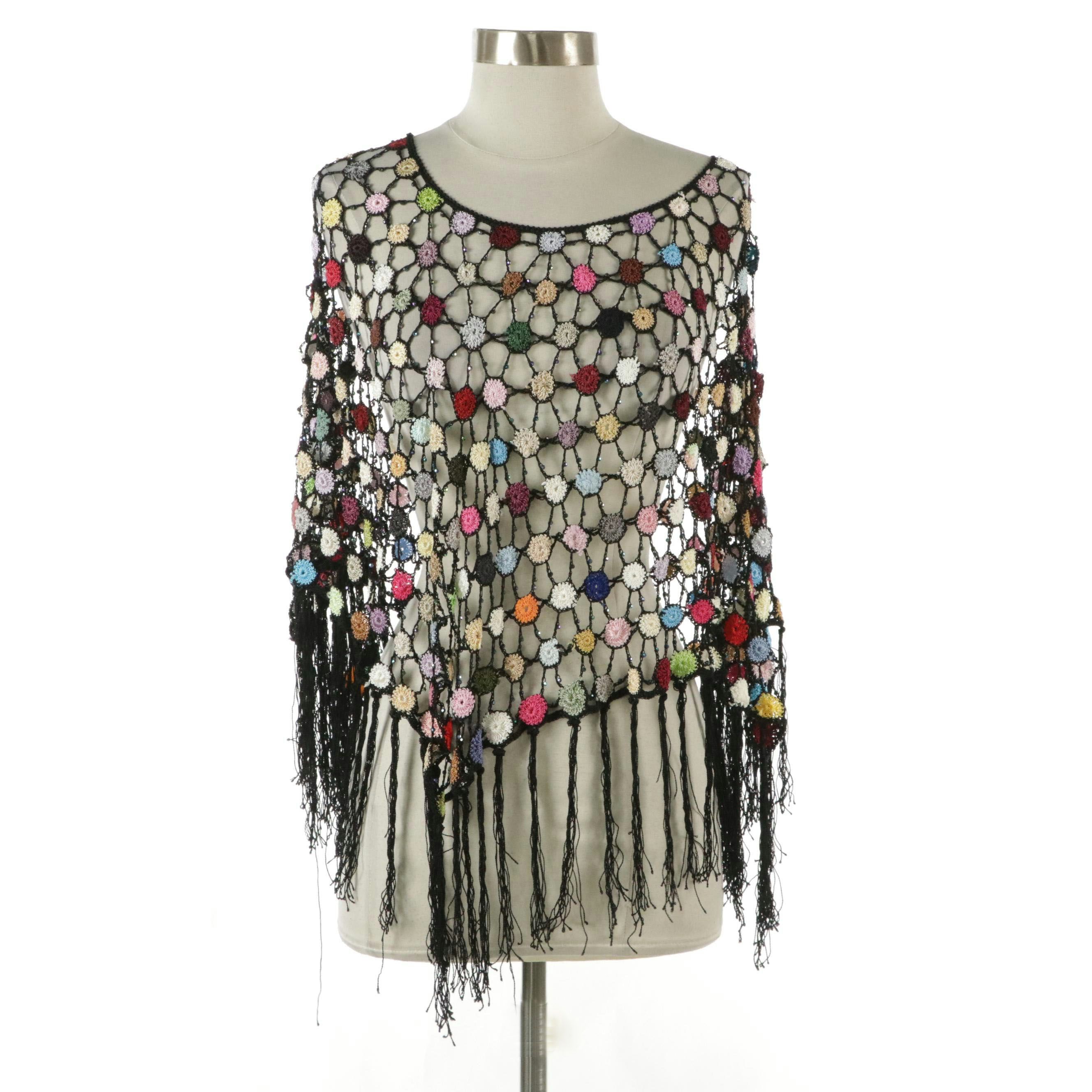 Multicolor Crochet Lace Poncho Top with Beaded Evening Purse